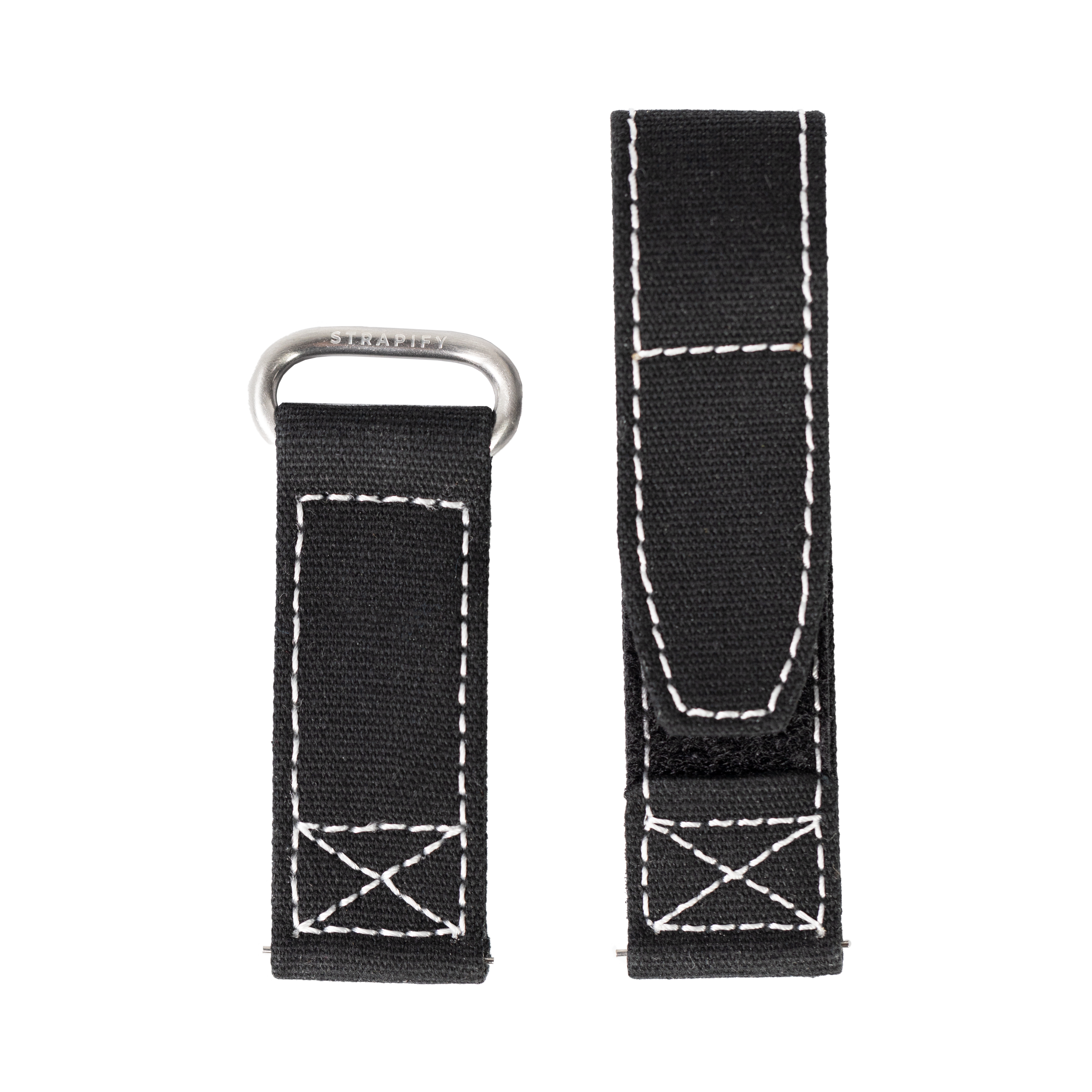 Black military-style watch strap with white stitching, quick-release metal loop, and hook-and-loop fastener for 22mm watch bands