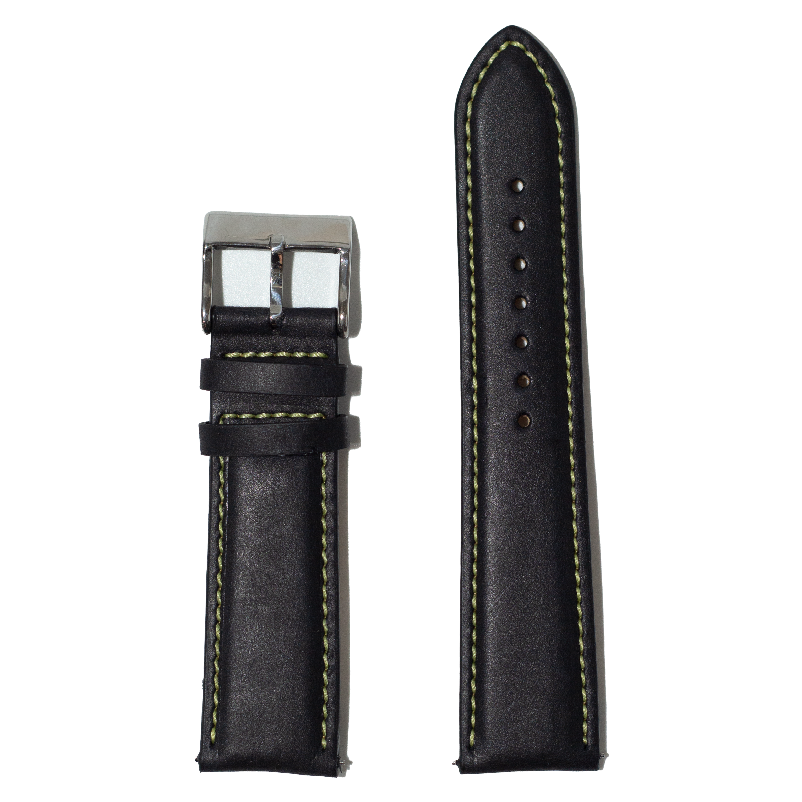 Black padded leather watch band 20mm with yellow stitching and stainless steel buckle