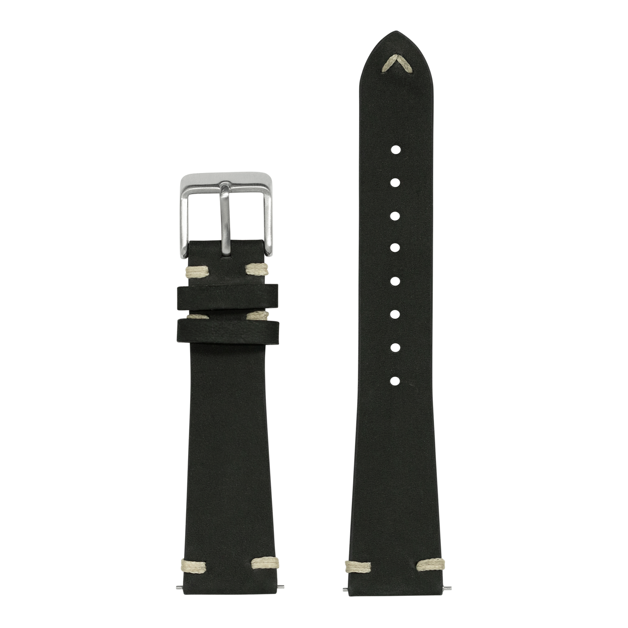 Black nubuck leather watch strap with quick release pins, vintage knotted design, silver buckle and cream stitching details