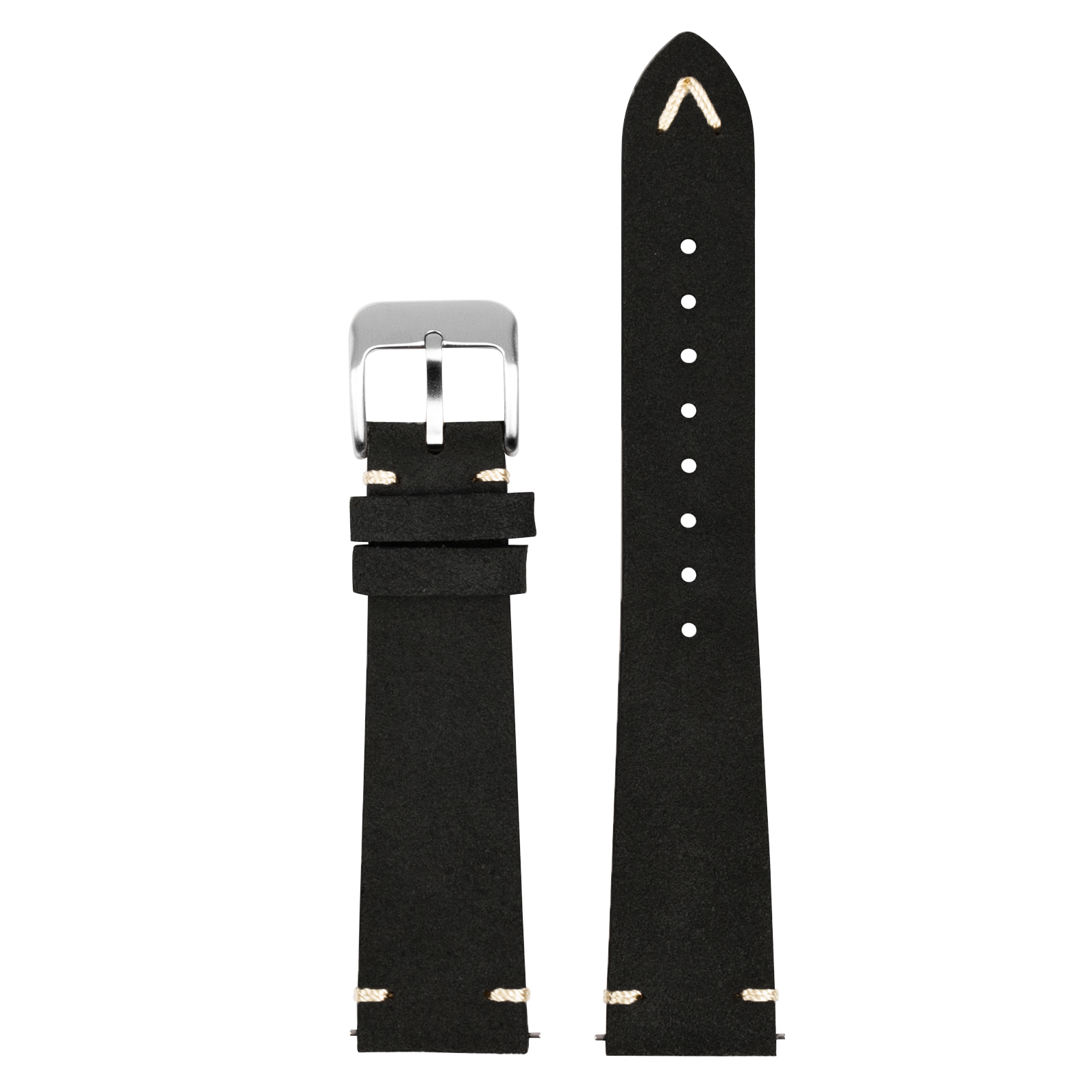 Black suede leather quick release watch strap with silver buckle and white stitching details