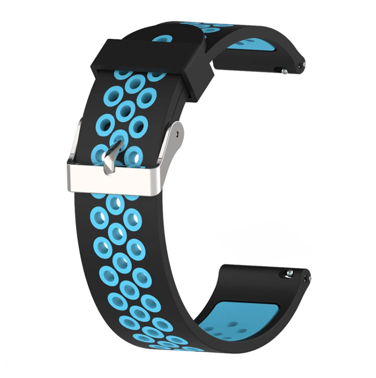 Black and cyan silicone smartwatch band with quick release mechanism and perforated sports design