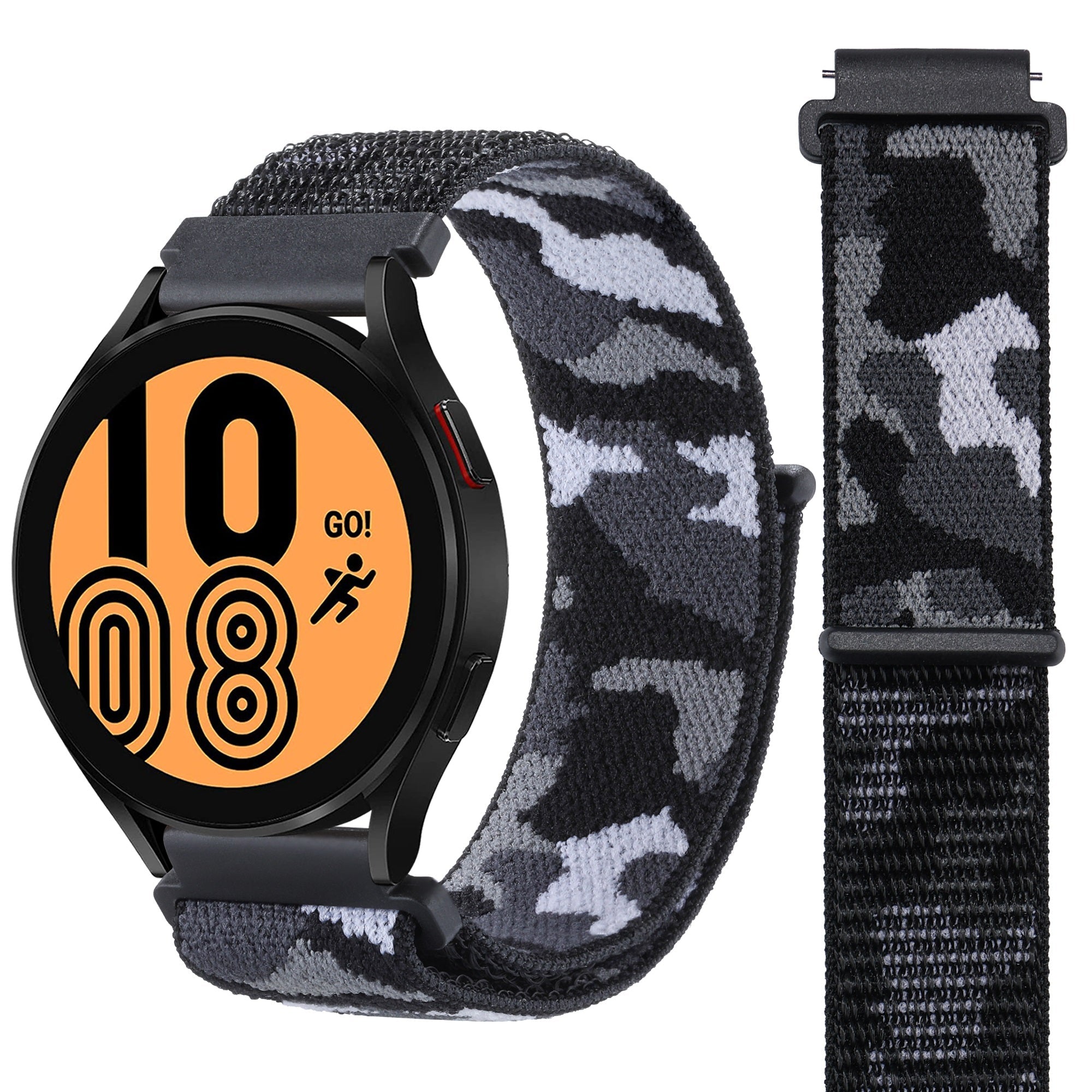 Black smartwatch with orange display and army camo sports loop velcro band with quick release connector