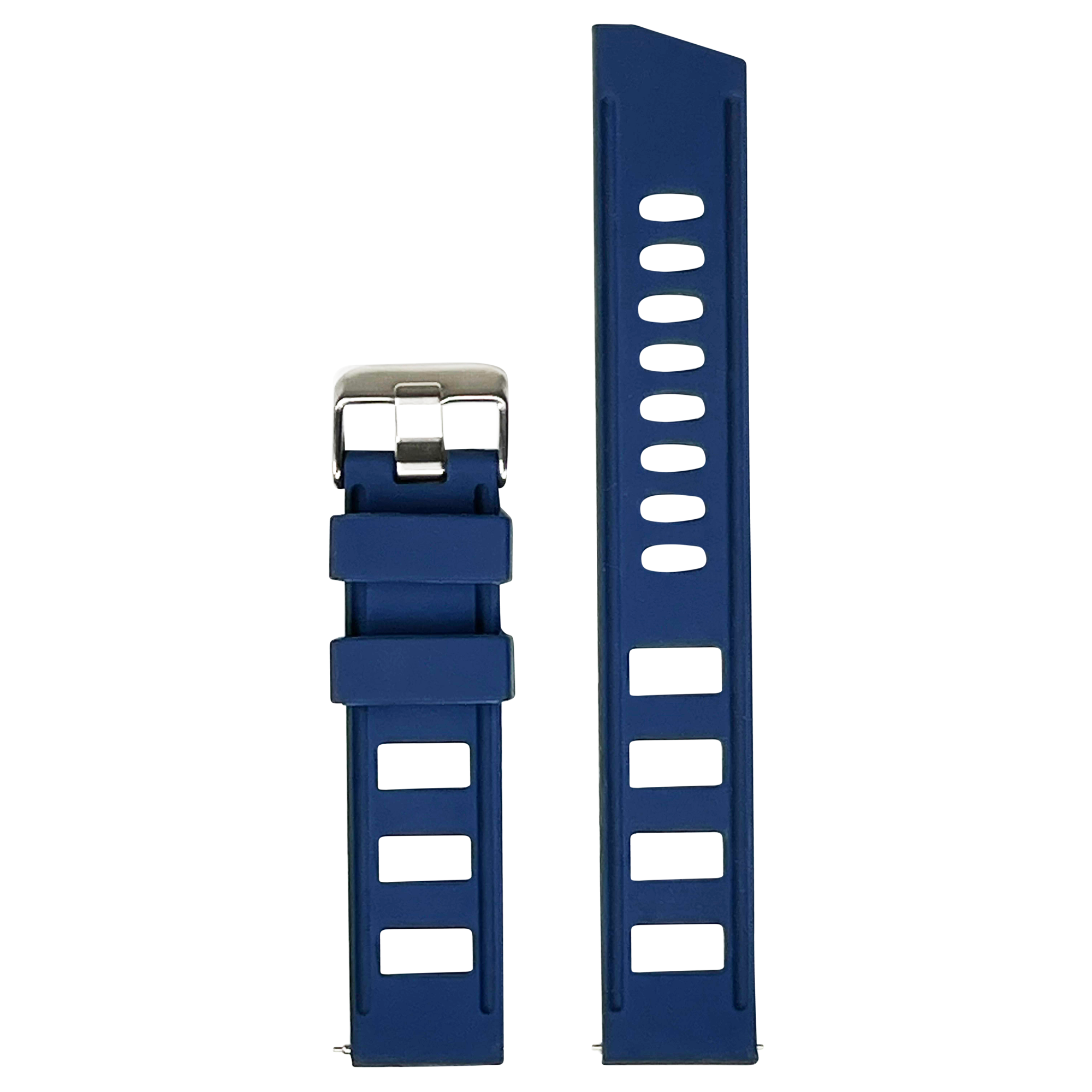 Navy blue silicone watch band with quick release pin and stainless steel buckle clasp