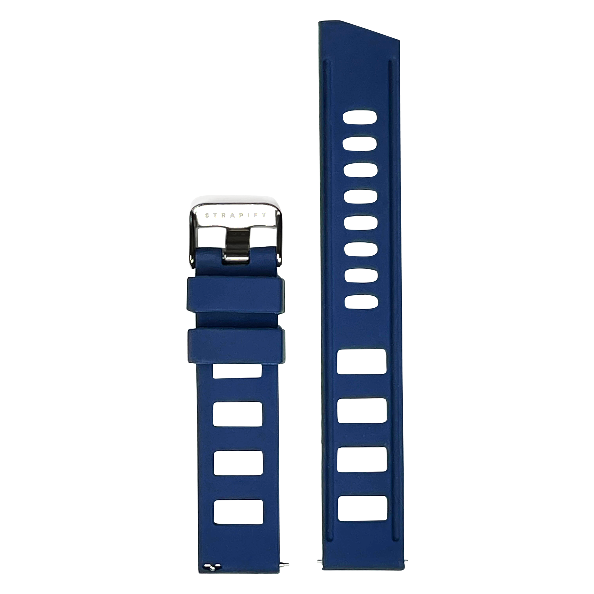 Navy silicone quick release watch strap with ventilation holes and stainless steel buckle