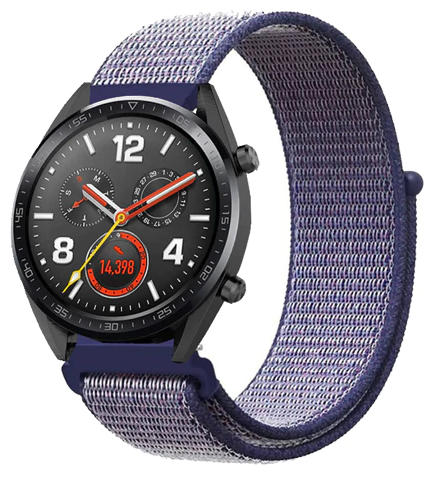 Black smartwatch with blue sports loop velcro band showing fitness metrics and chronograph dials on dark face
