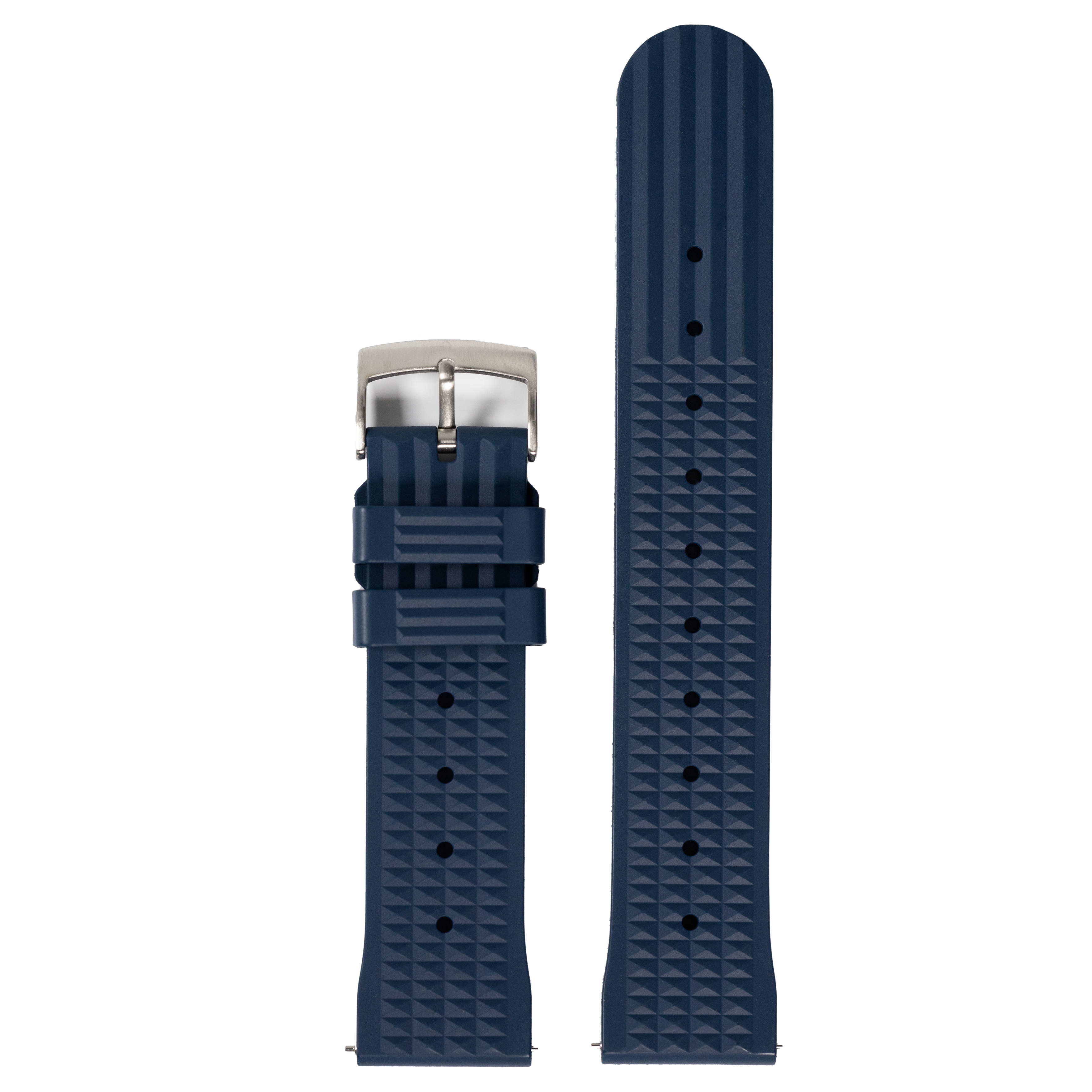 Navy blue FKM rubber quick release watch strap with waffle texture pattern and stainless steel buckle