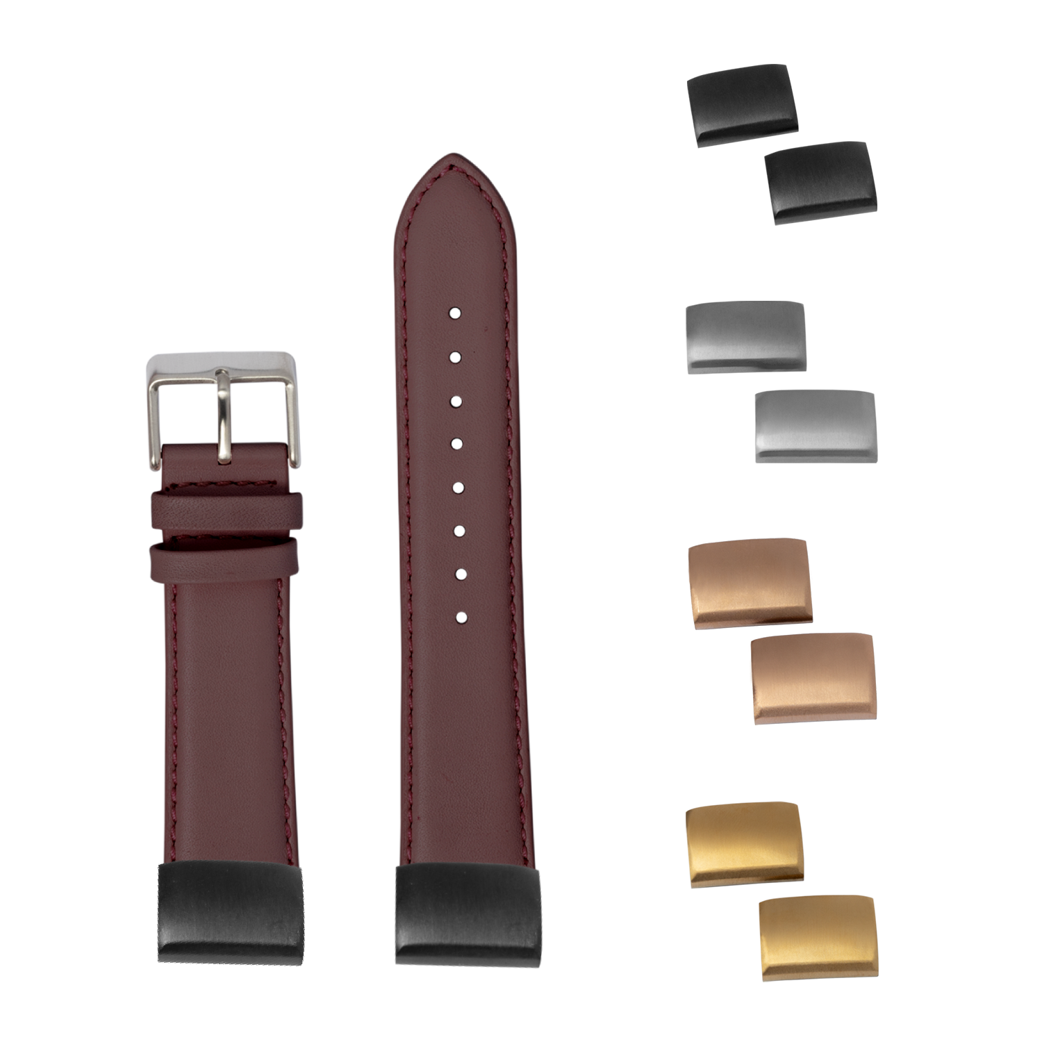 QuickFit padded leather watch strap in bordeaux with interchangeable metal buckle and keeper loop components