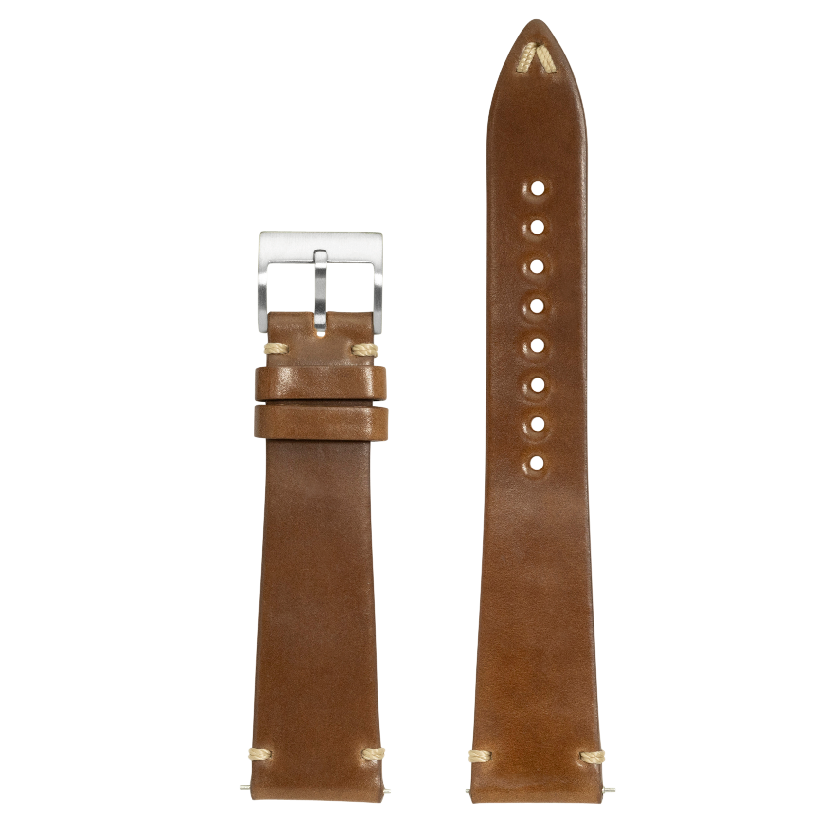 Brown Horween Shell Cordovan quick release watch strap with silver buckle and vintage bourbon patina finish