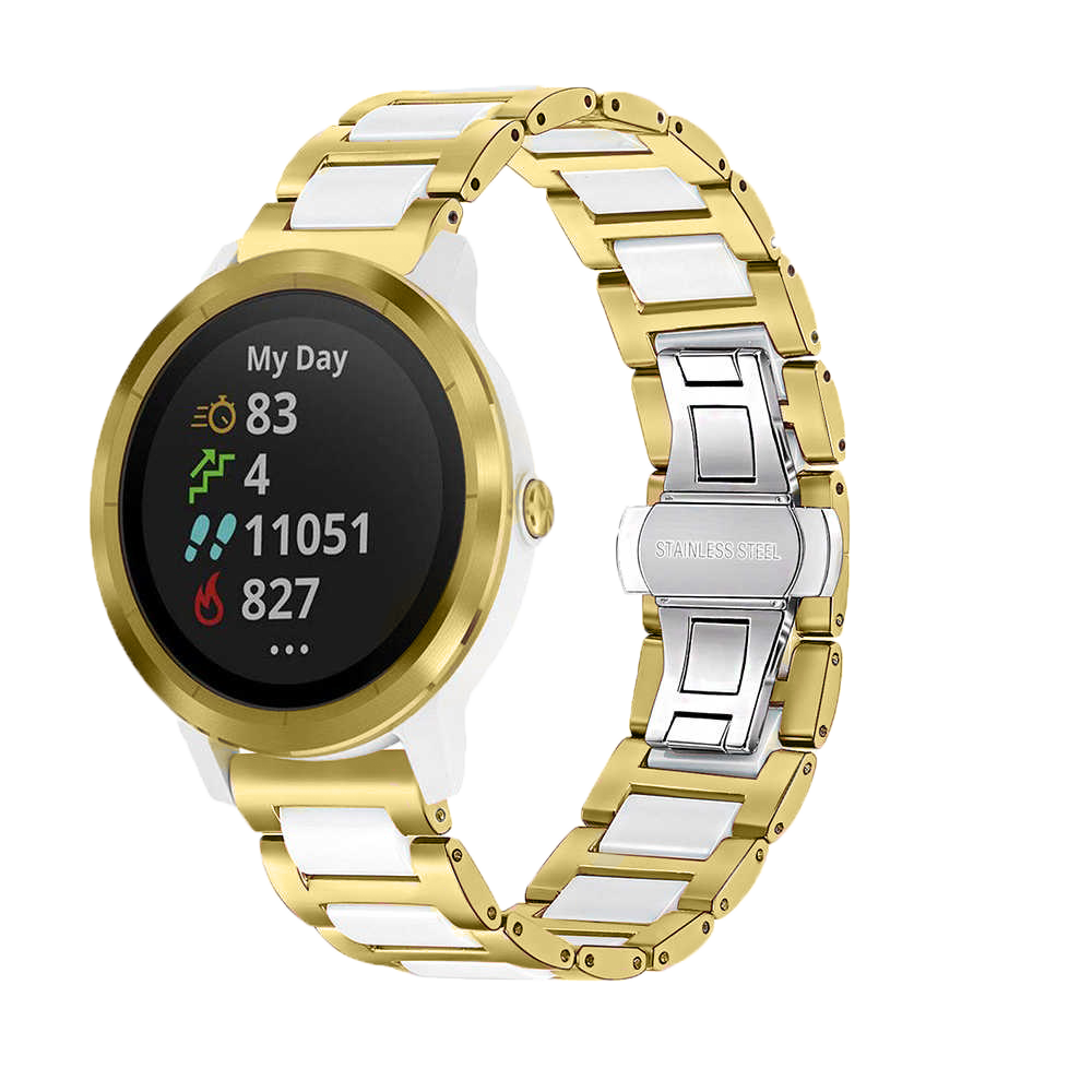 Gold and white ceramic steel quick release smartwatch band with stainless steel clasp displaying fitness metrics on round black dial