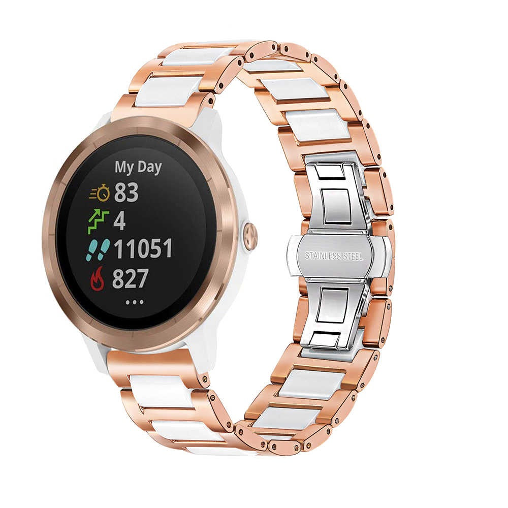 Rose gold ceramic and stainless steel smartwatch band with quick release deployant clasp and white ceramic links