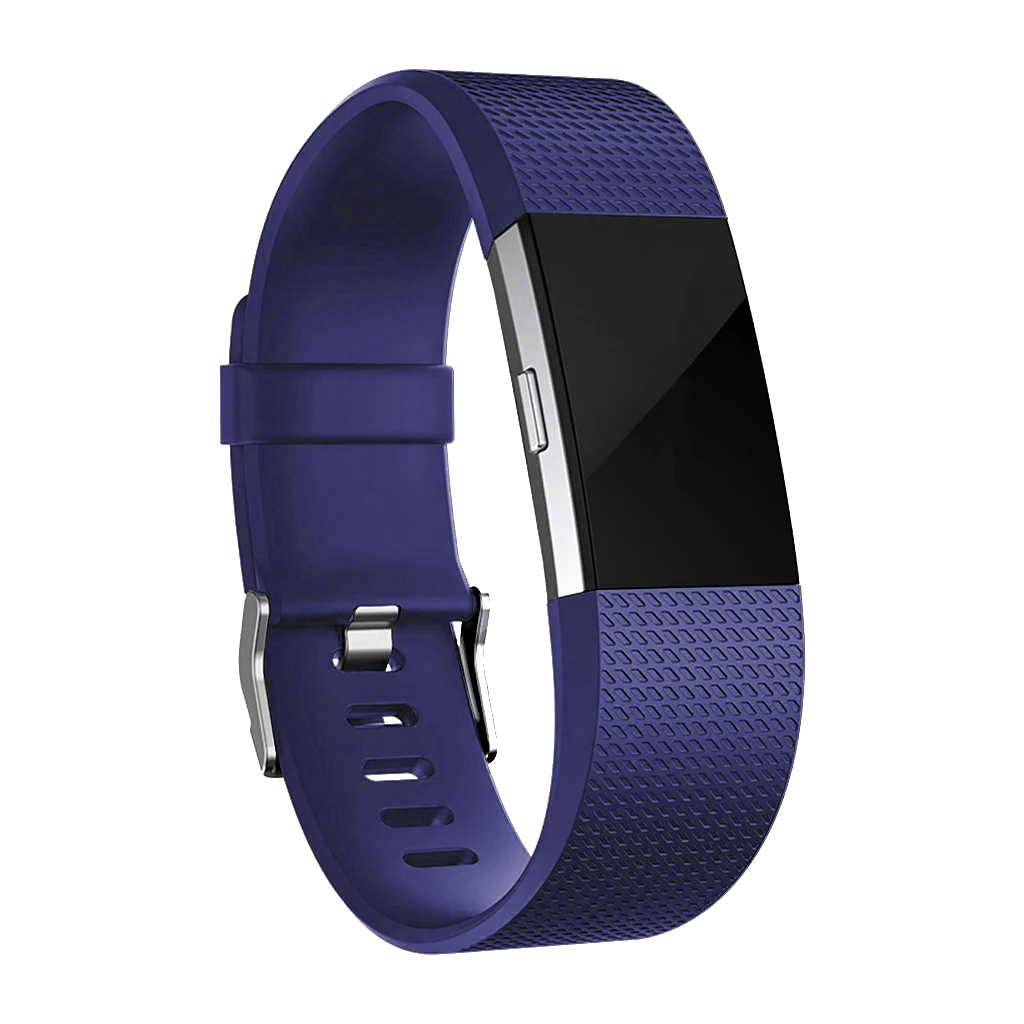 Blue silicone fitness tracker band with textured strap and black digital display face