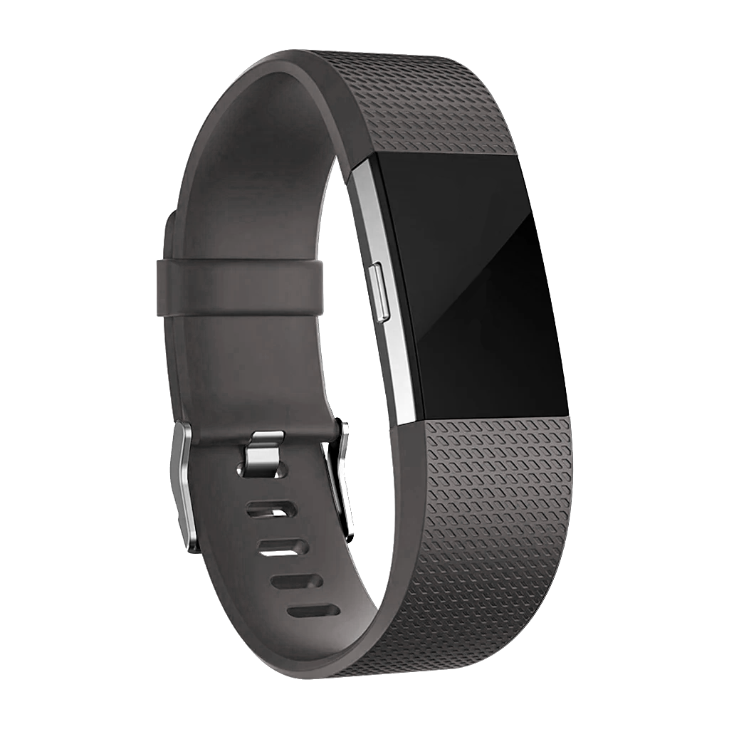 Black silicone fitness tracker band with textured wrist strap and metal buckle clasp