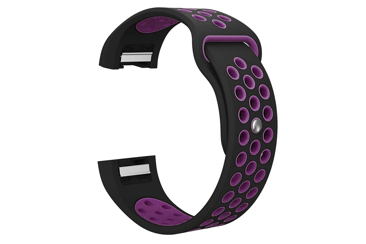 Black and purple perforated silicone sport band for Fitbit Charge 2 with metal connector clasp
