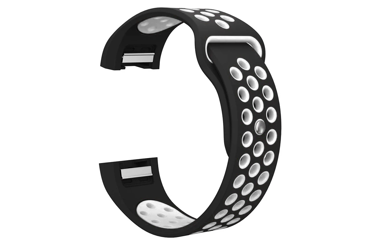 Black and white perforated silicone sports band for Fitbit Charge 2 with ventilation holes and metal connector clasp