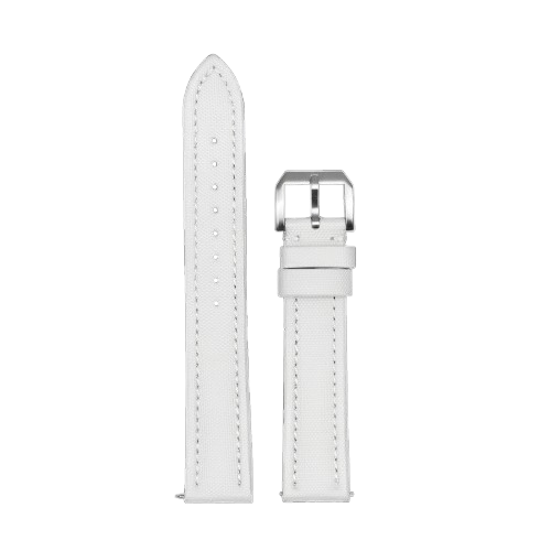 White sailcloth quick release watch band with stainless steel buckle, shown assembled and disassembled