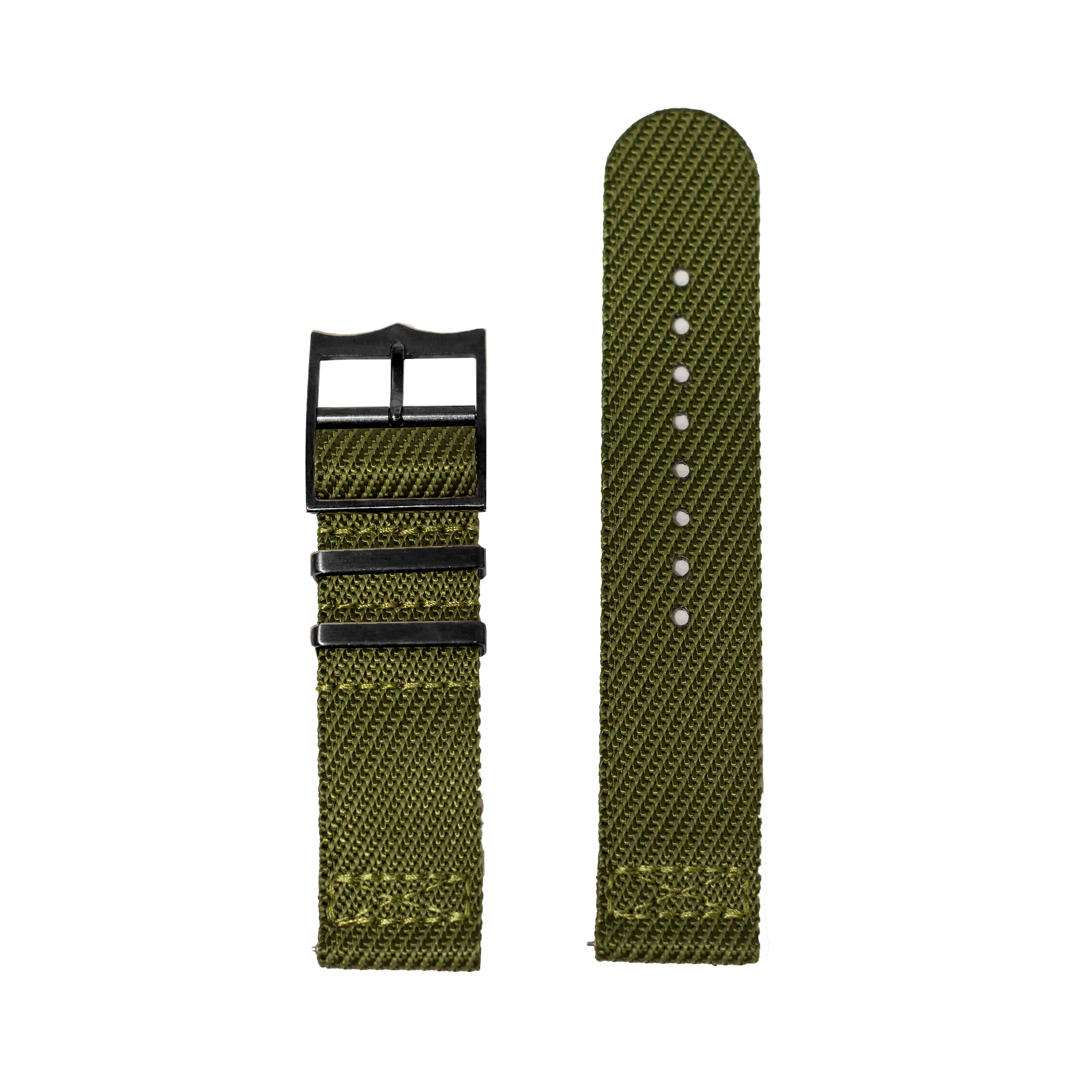 Olive green military fabric watch strap with black hardware, 26mm QuickFit replacement band with adjustment holes