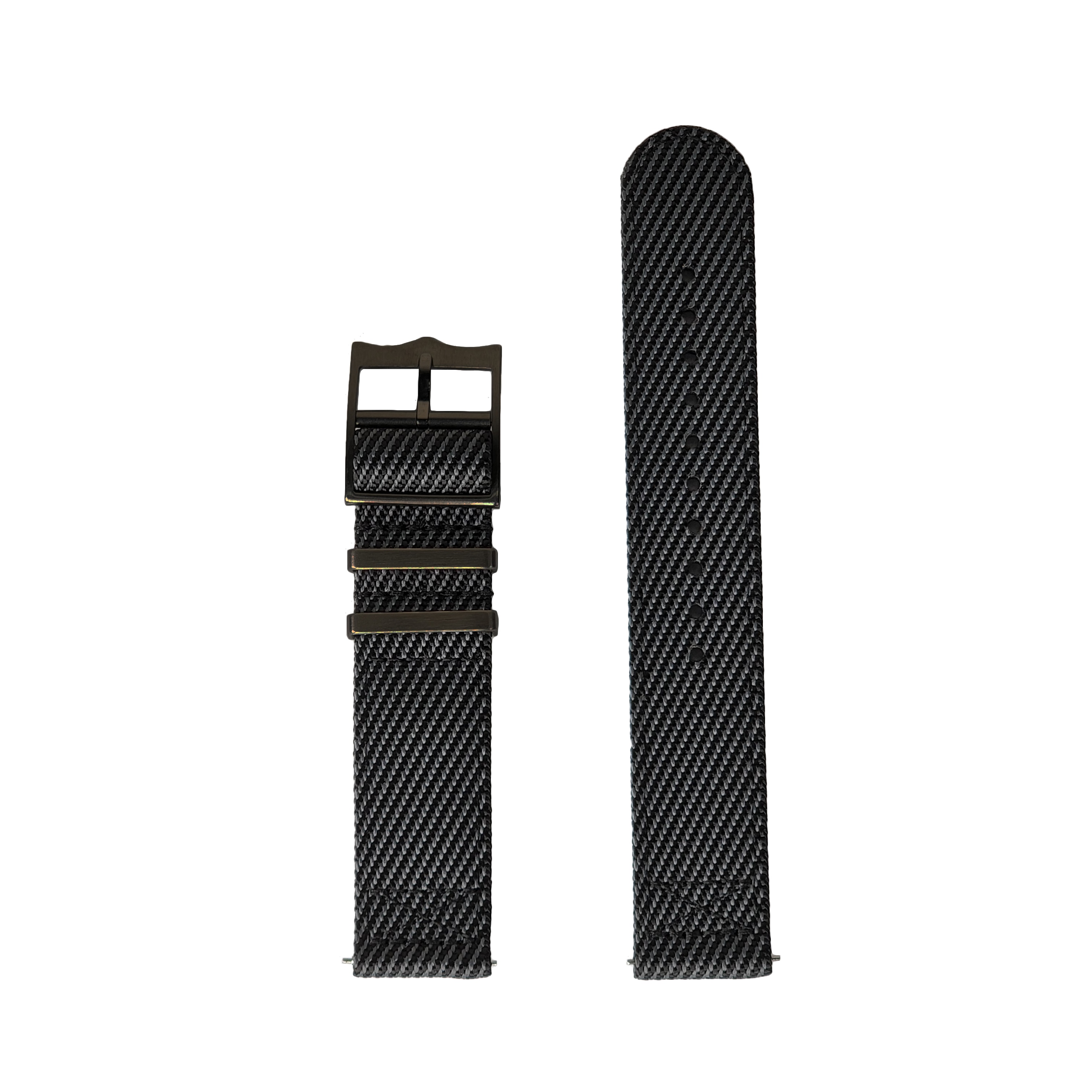 Black carbon fiber watch band with quick-fit spring bars and dark grey militex fabric, 26mm width with black hardware buckle