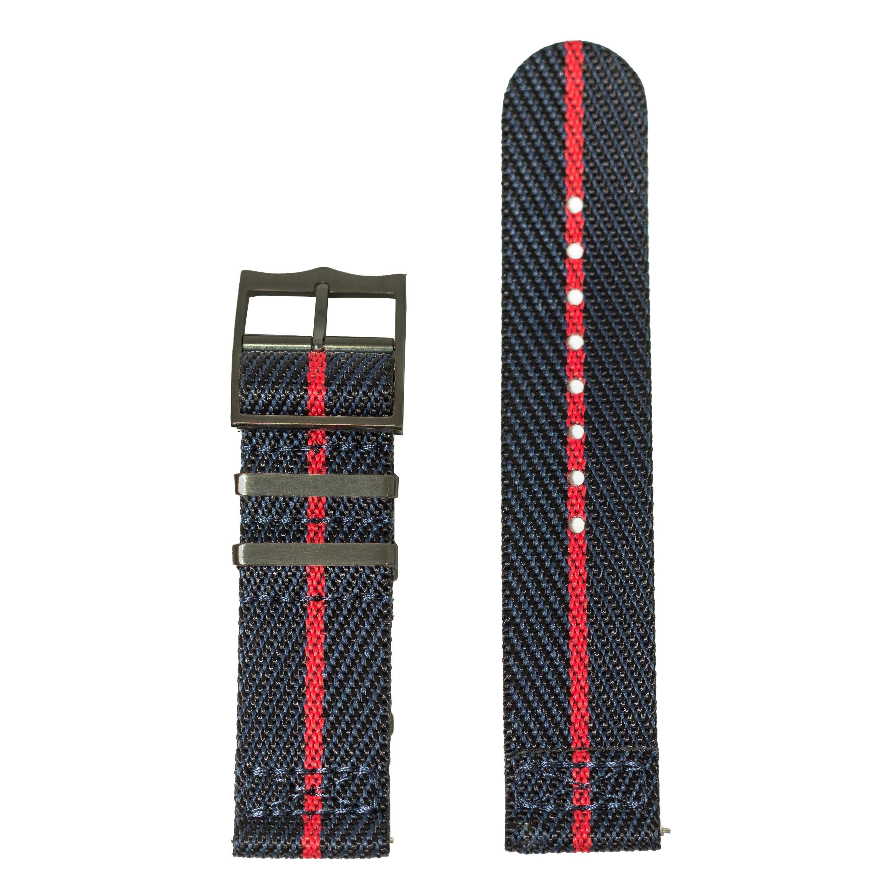 QuickFit Cross Militex watch band 26mm night blue red stripe black hardware with buckle displayed open and closed view