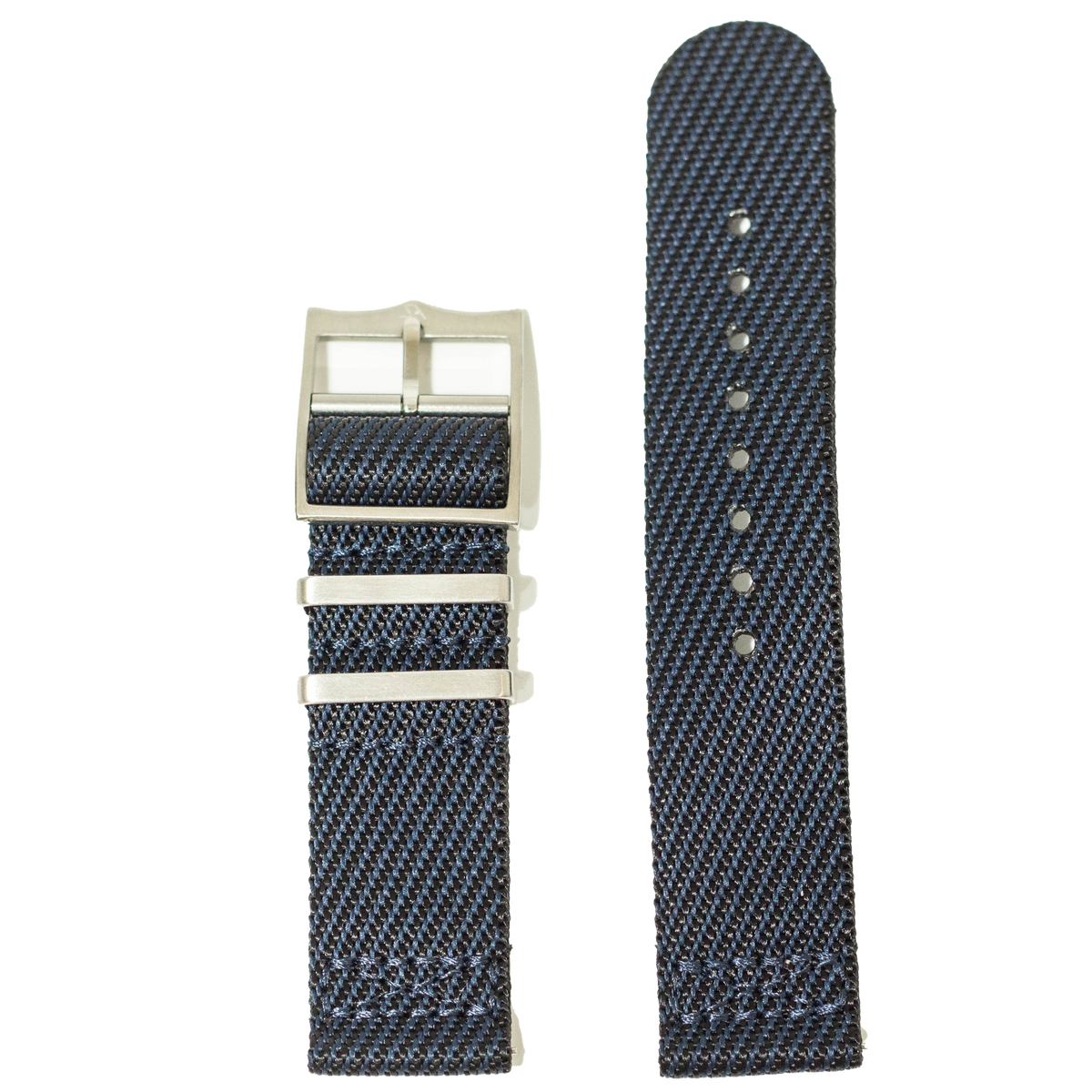 Blue and black fabric military watch strap 26mm with silver buckle and adjustment holes