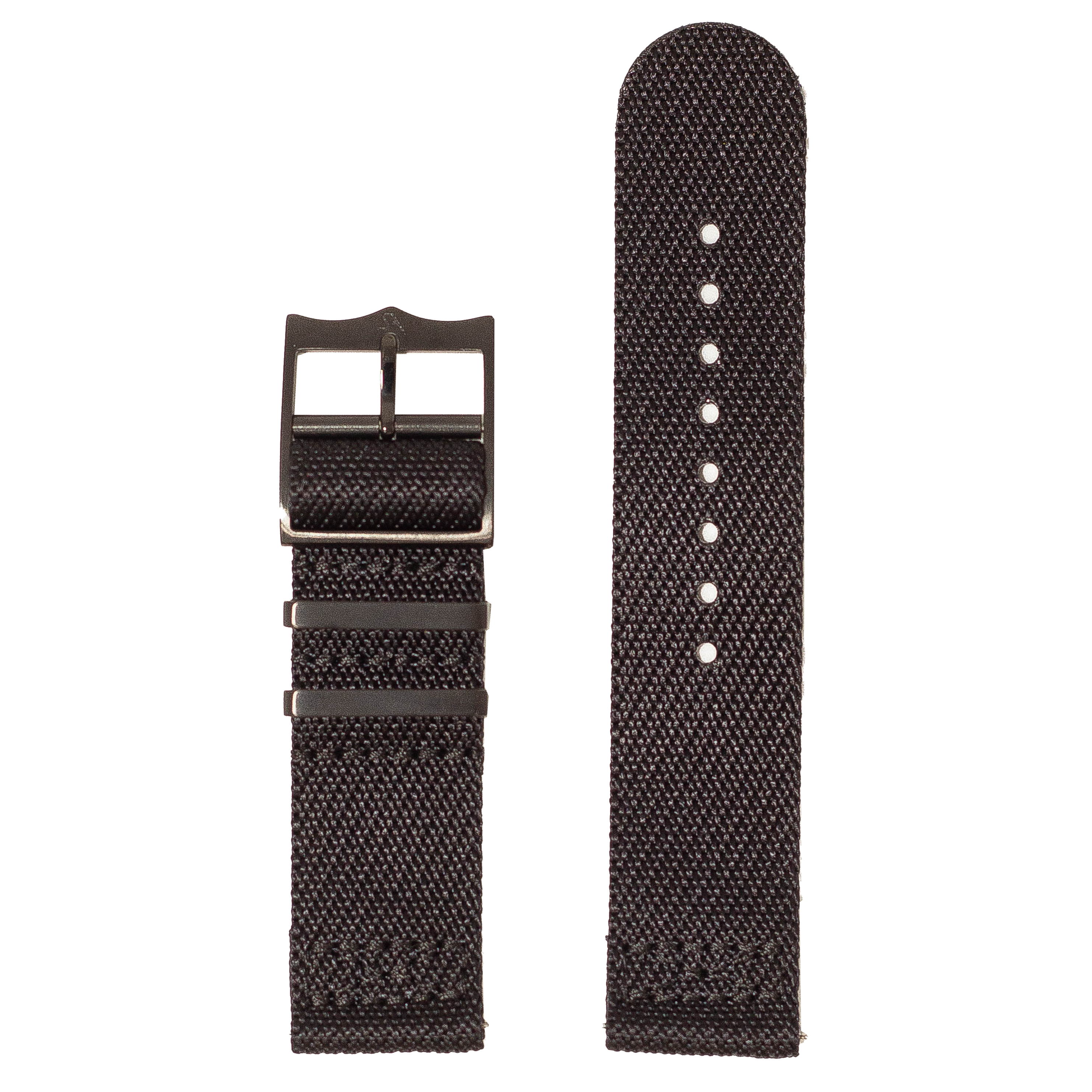 Black fabric quick release watch band with gunmetal buckle