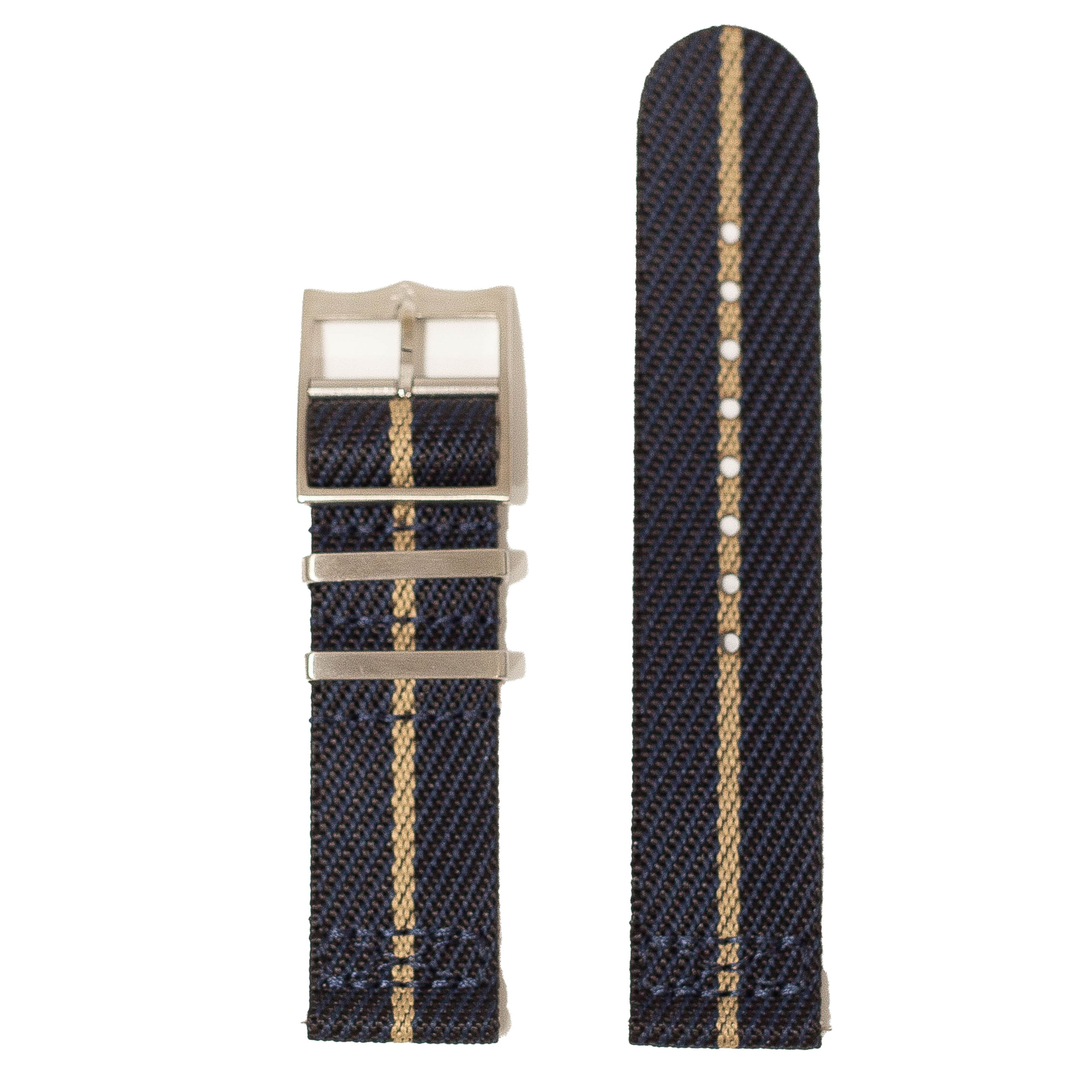 Quick release watch strap in night blue canvas with wheat stripe and stainless steel buckle