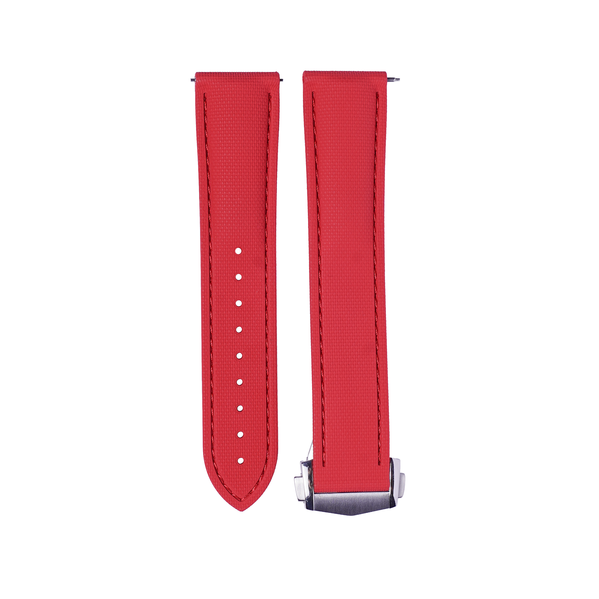 Red textured FKM rubber quick release watch strap with white stud details and metal clasp