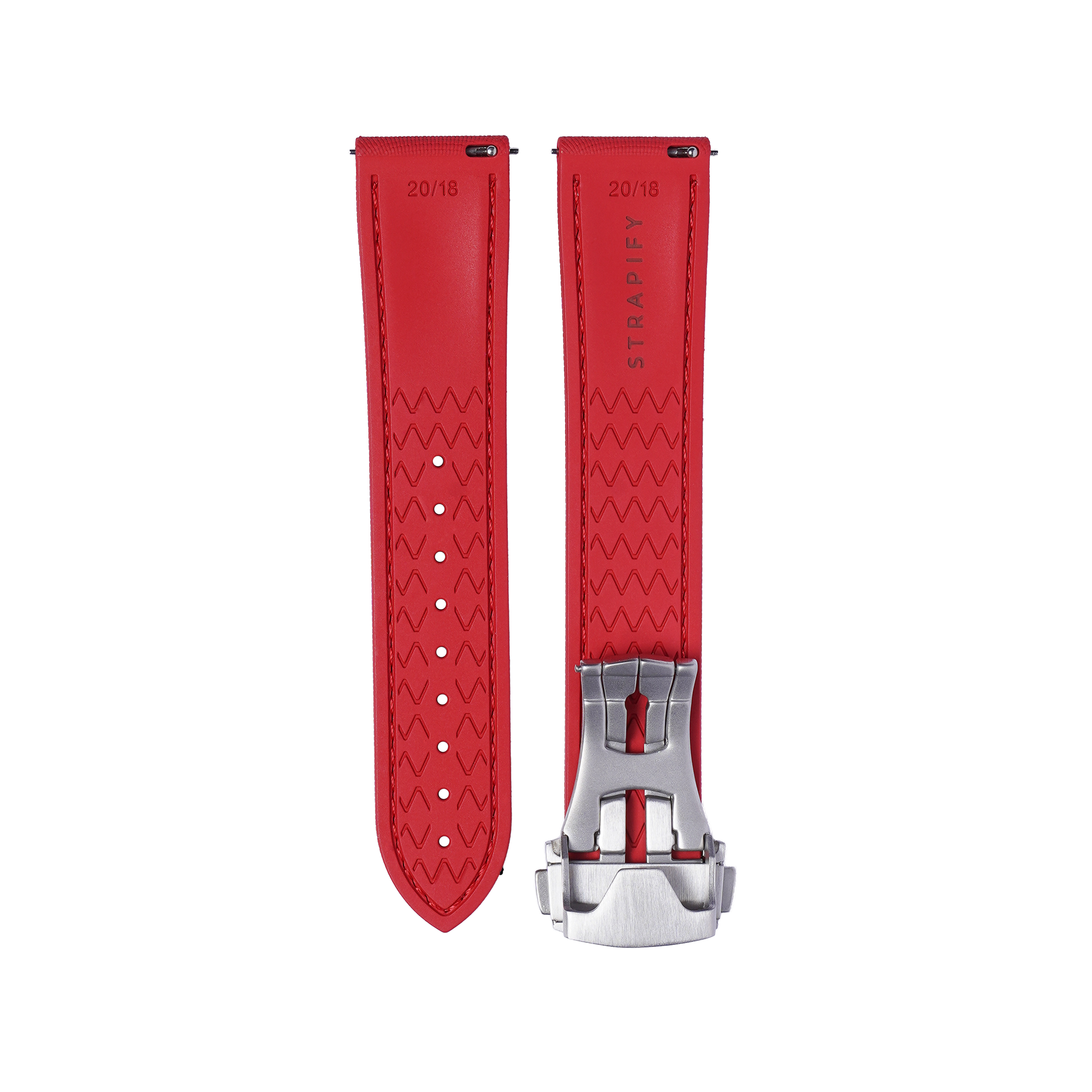 Red rubber watch strap with quick release pins, textured zigzag pattern, stainless steel buckle, 20/18mm sizing