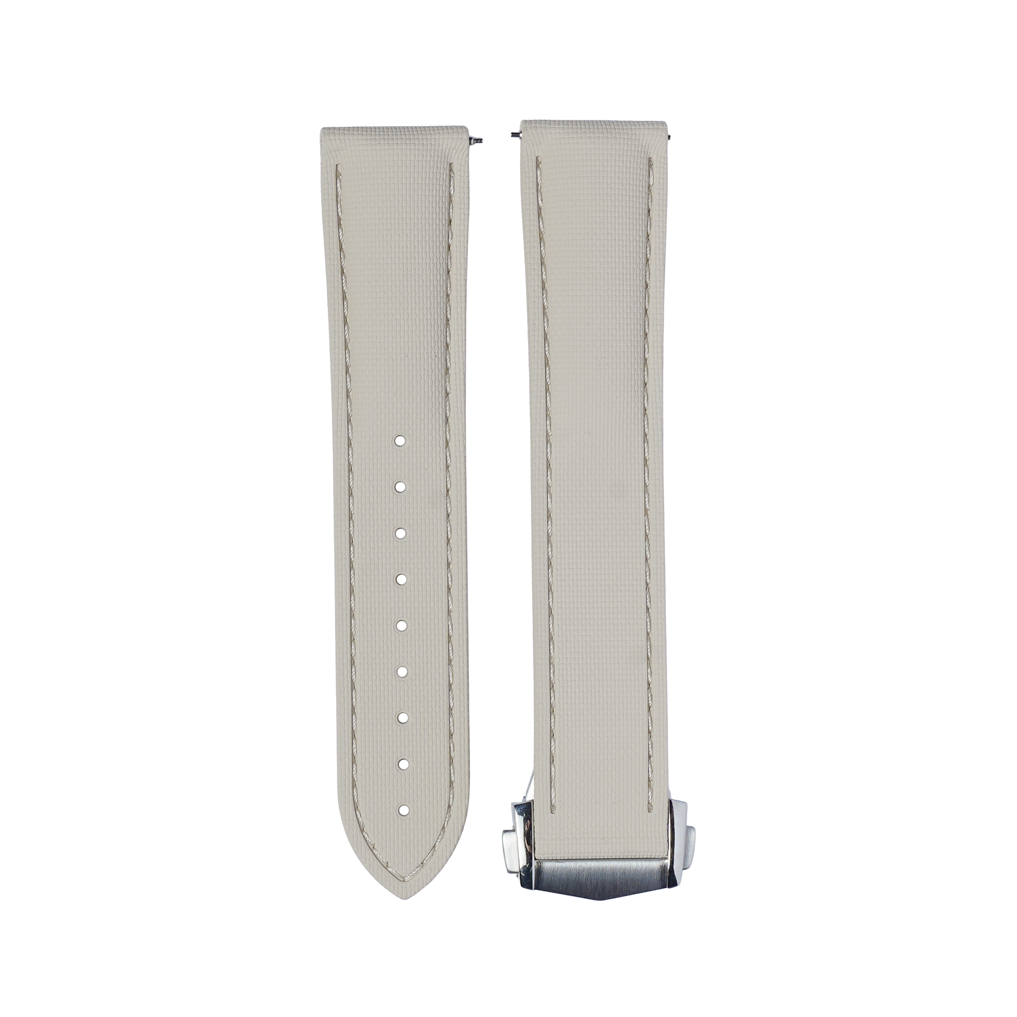 Beige textured FKM rubber quick release watch strap with adjustment holes and metal clasp