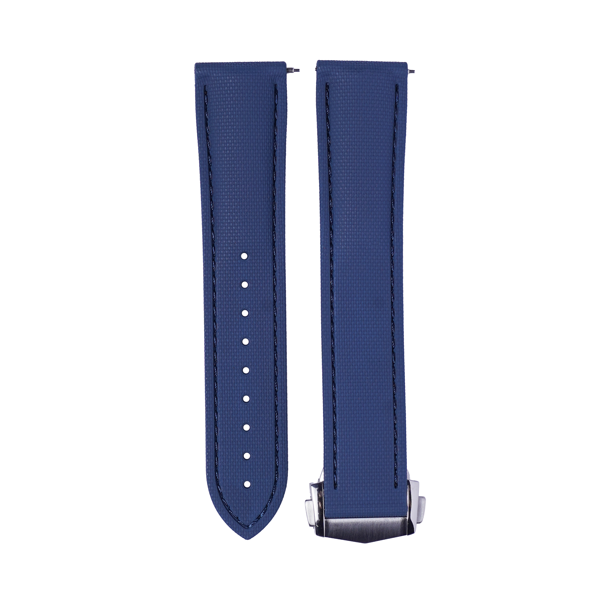 Blue textured rubber watch band with quick release pins and white stitch detailing