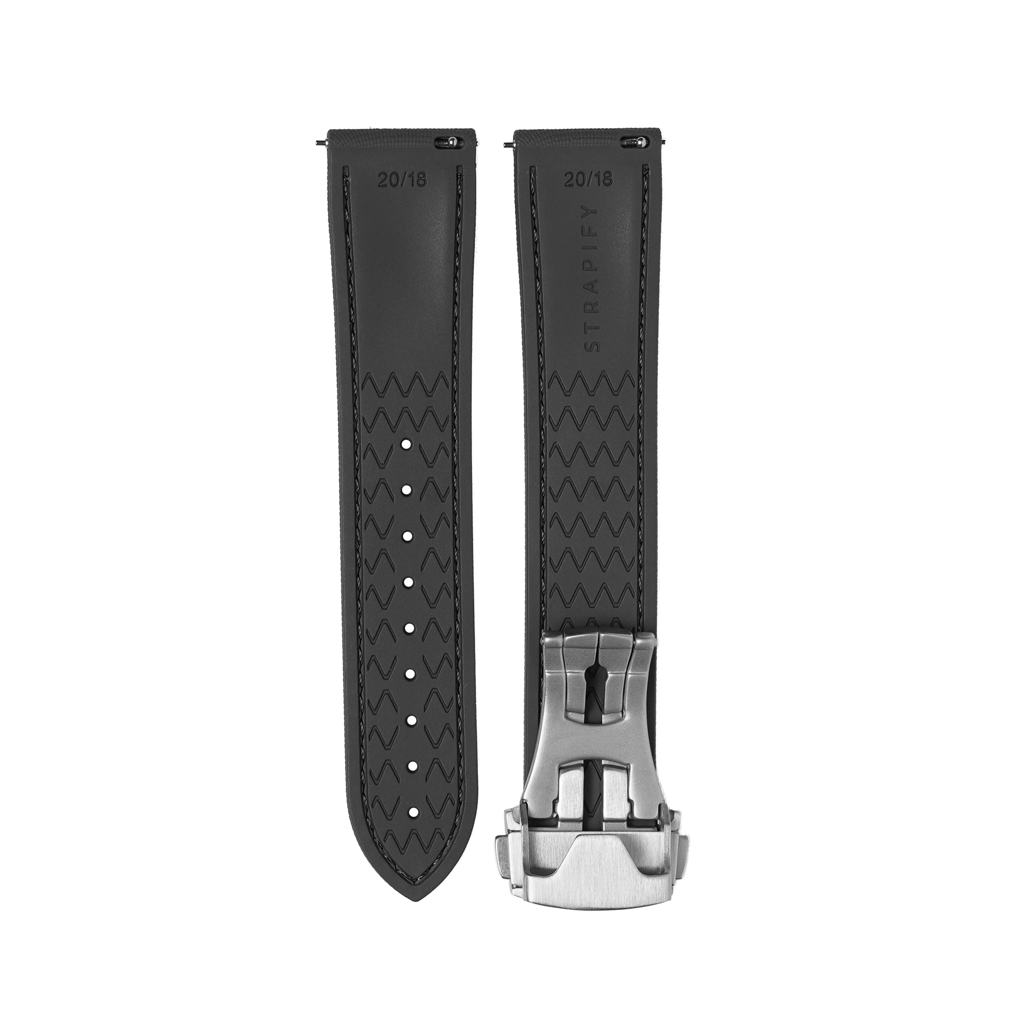 Black textured FKM rubber watch strap 20/18mm with quick release pins and stainless steel buckle