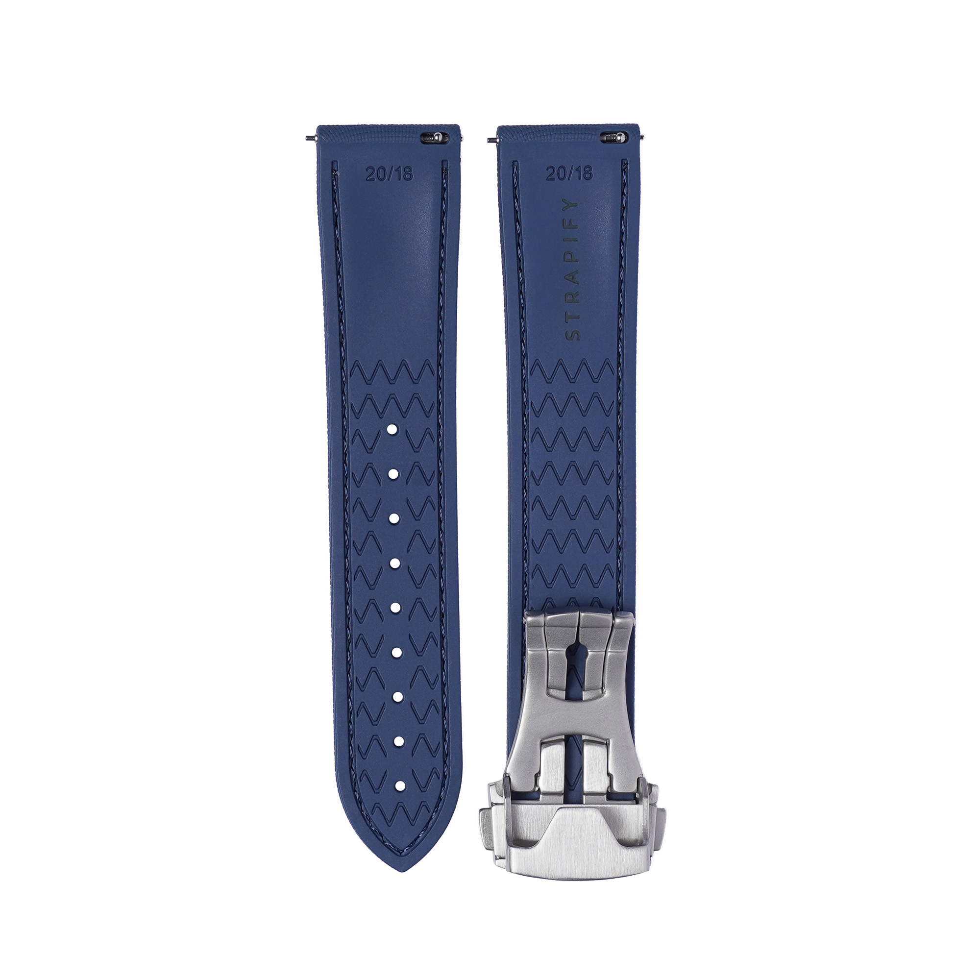 Blue textured rubber quick release watch strap 20/18mm with stainless steel buckle and wave pattern design