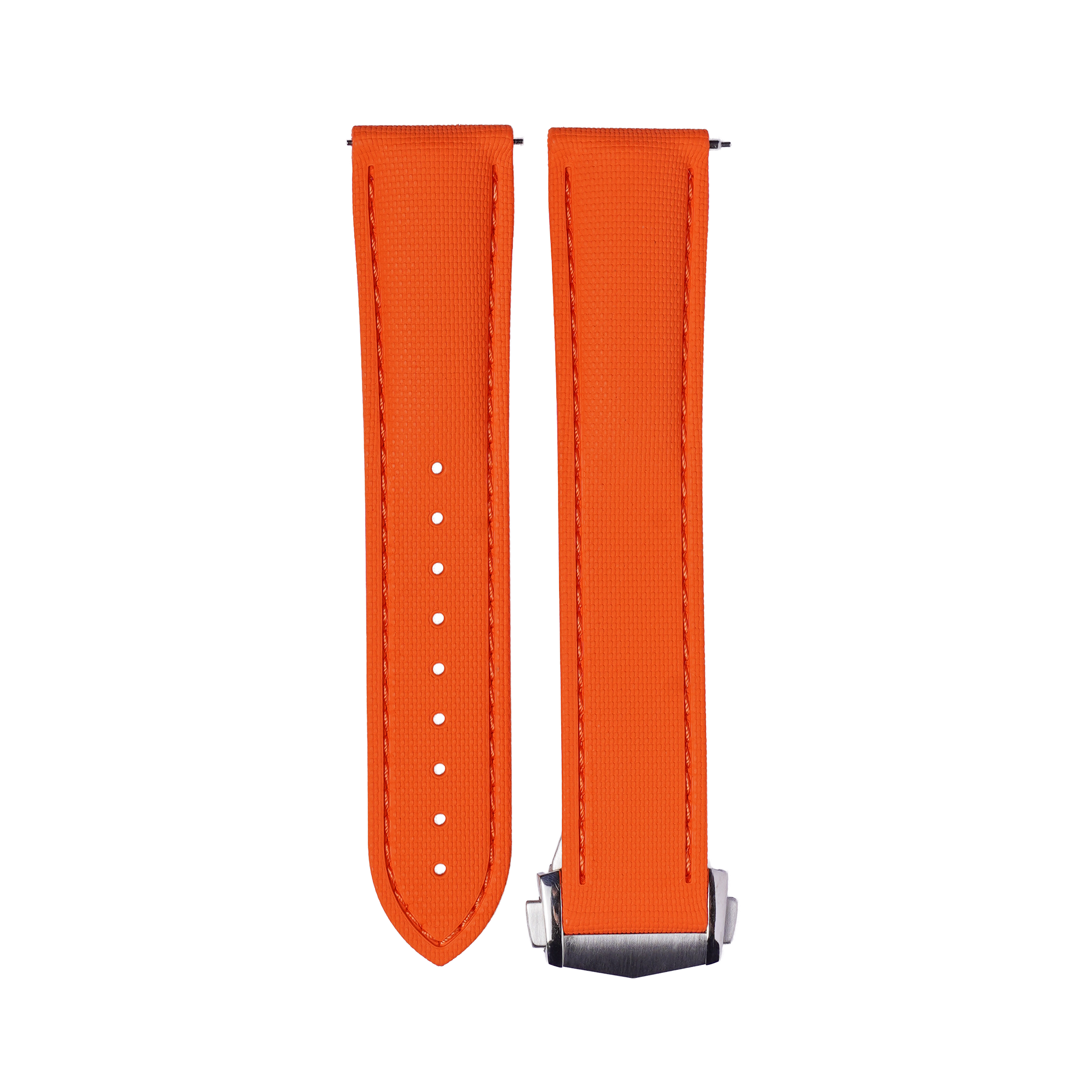 Orange textured FKM rubber quick release watch strap with white stitching and stainless steel buckle