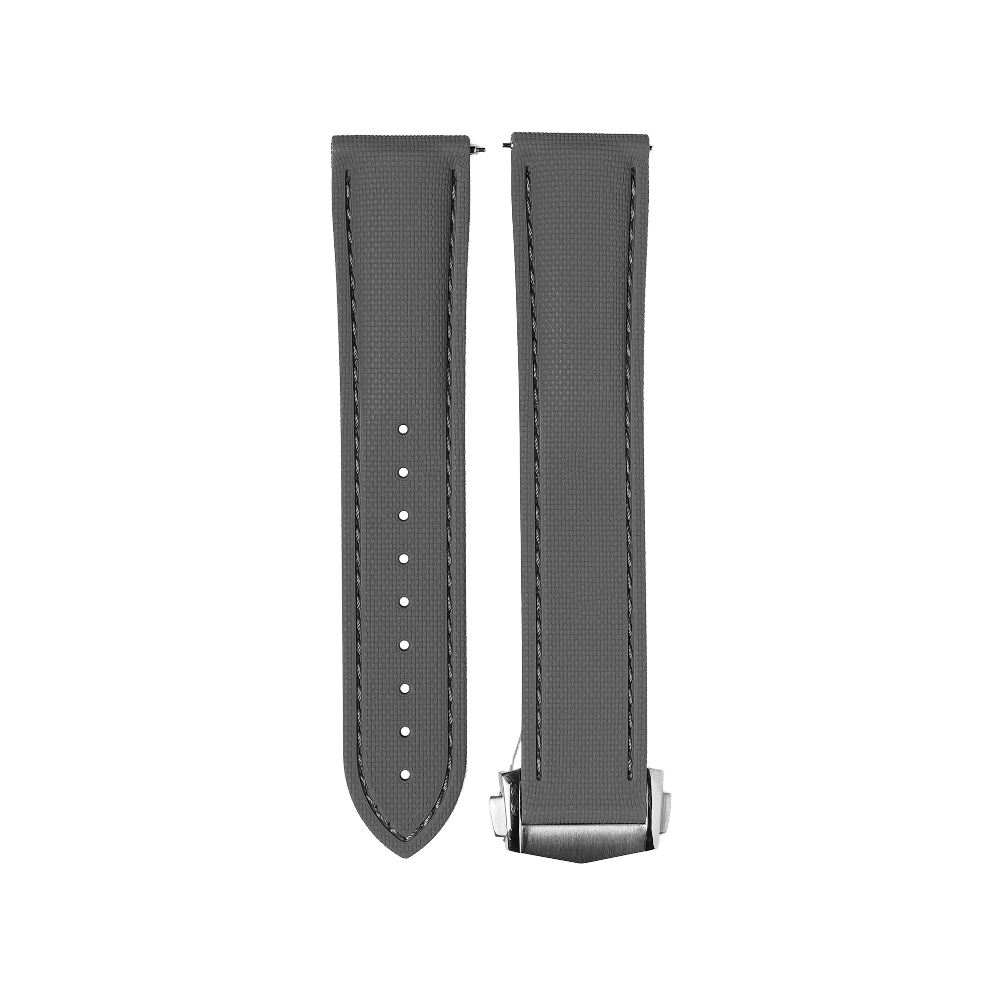 Gray textured FKM rubber quick release watch strap with white stitching and metal clasp hardware