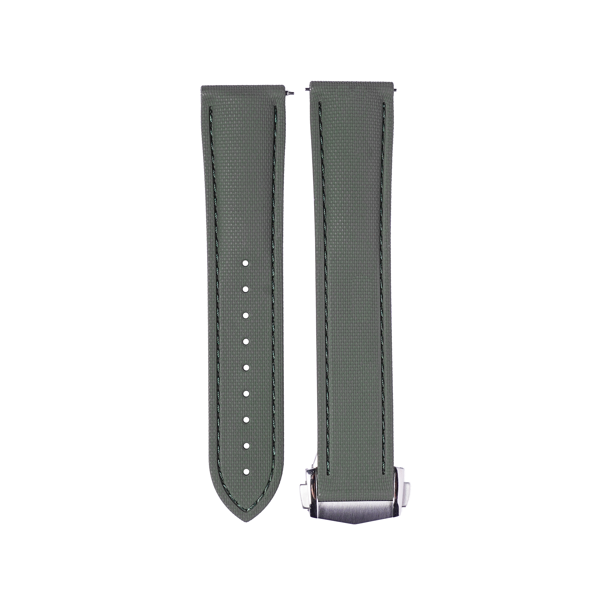 Grey textured FKM rubber quick release watch strap with white stitching and metal hardware