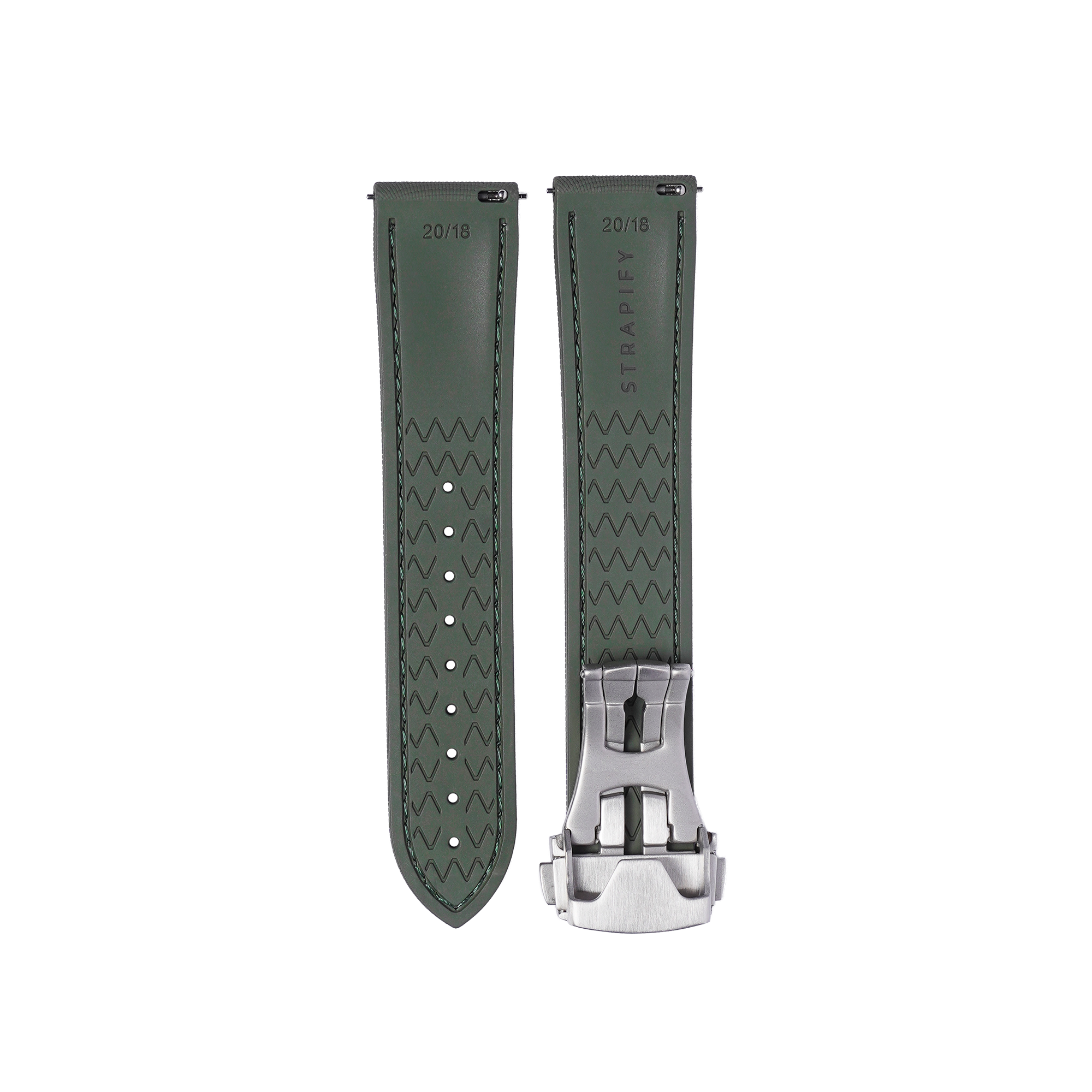 Olive green quick release FKM rubber watch strap 20mm with textured wavy pattern and stainless steel buckle