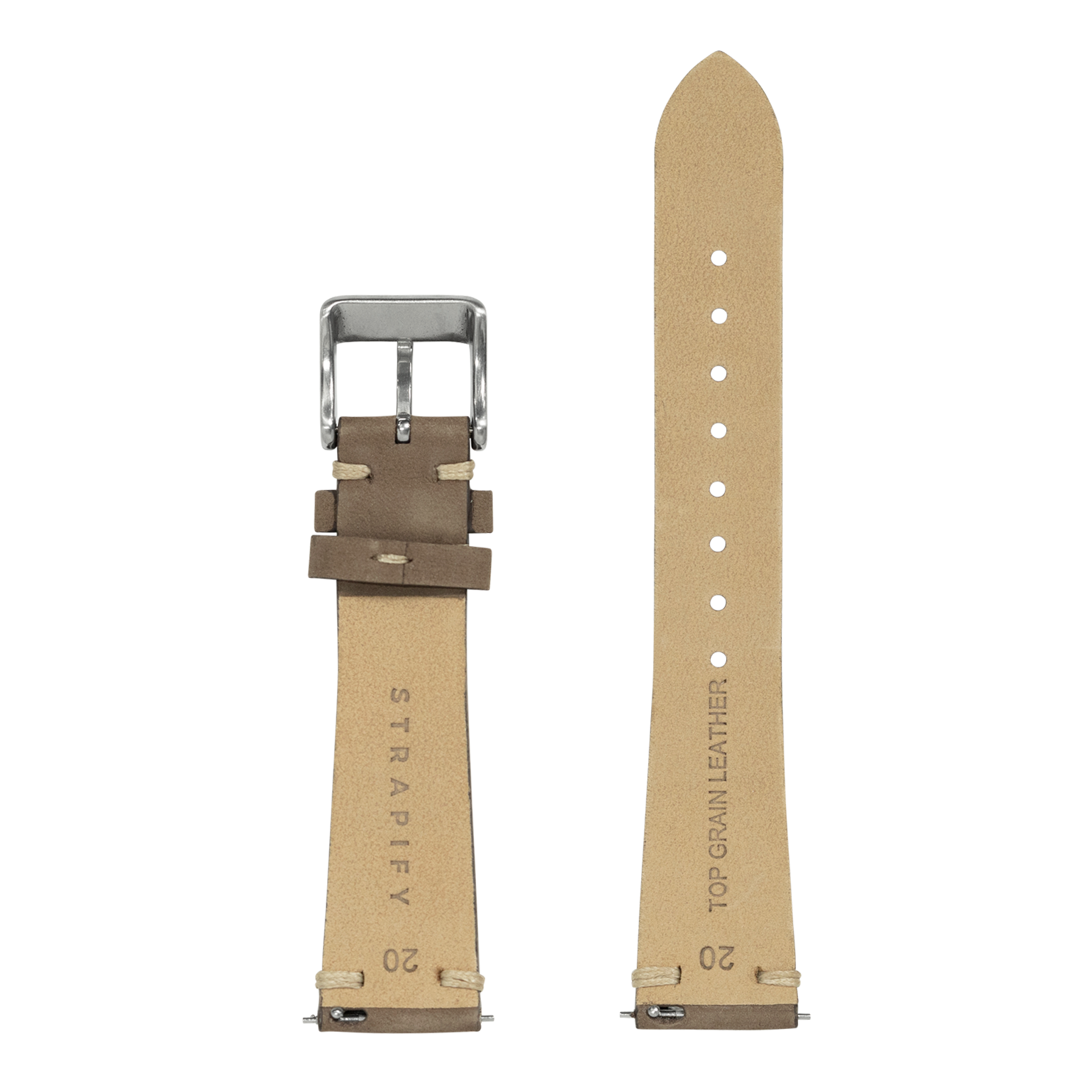 Beige nubuck leather watch strap with dark brown leather keepers, silver buckle, and quick release pins, shown front and back view