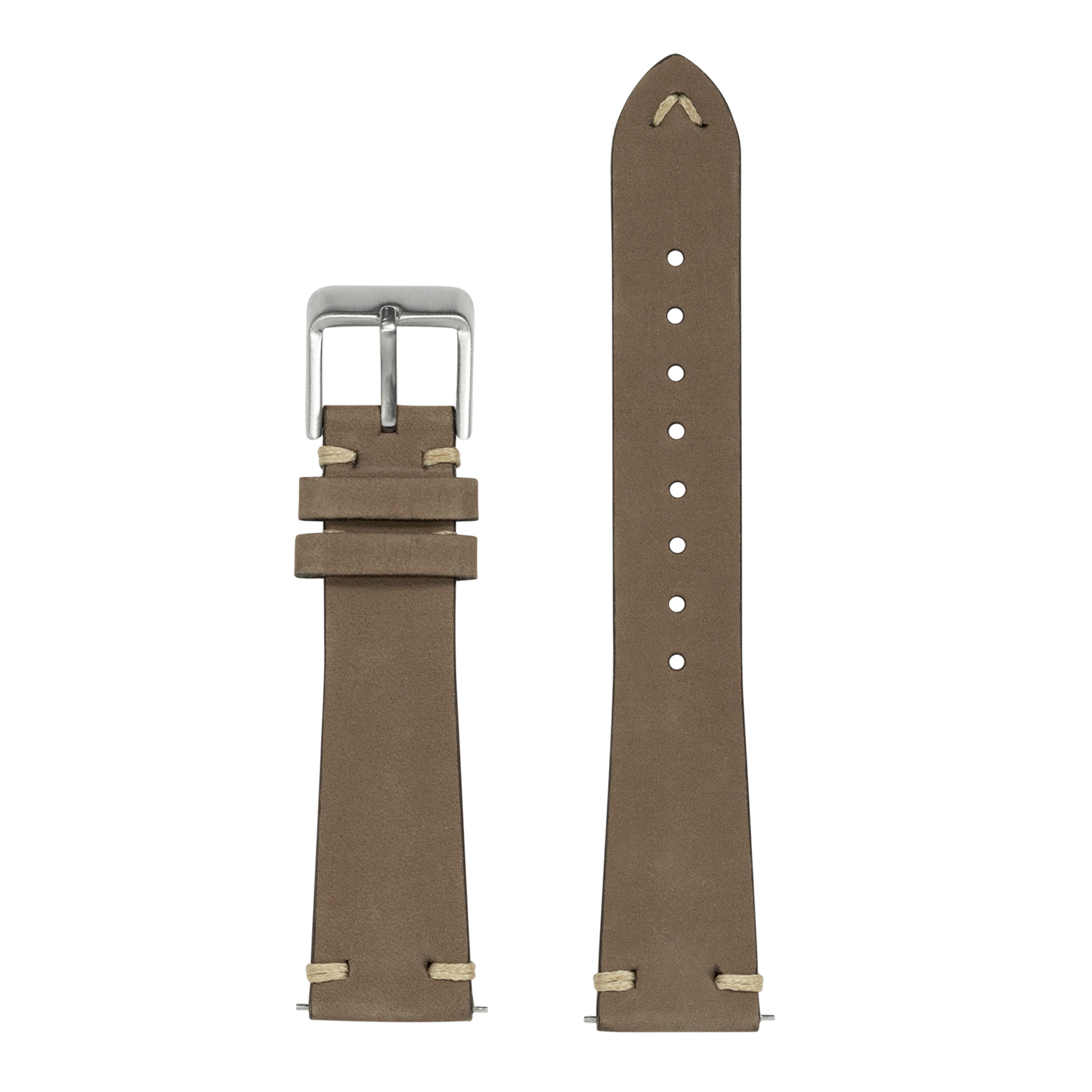 Brown nubuck leather watch band with quick release pins, silver buckle, and cream stitching detail