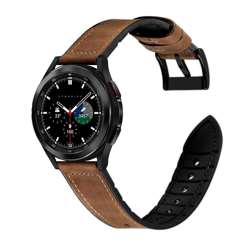 Black smartwatch with dark brown leather and black silicone quick release bands included, featuring analog dial and digital display