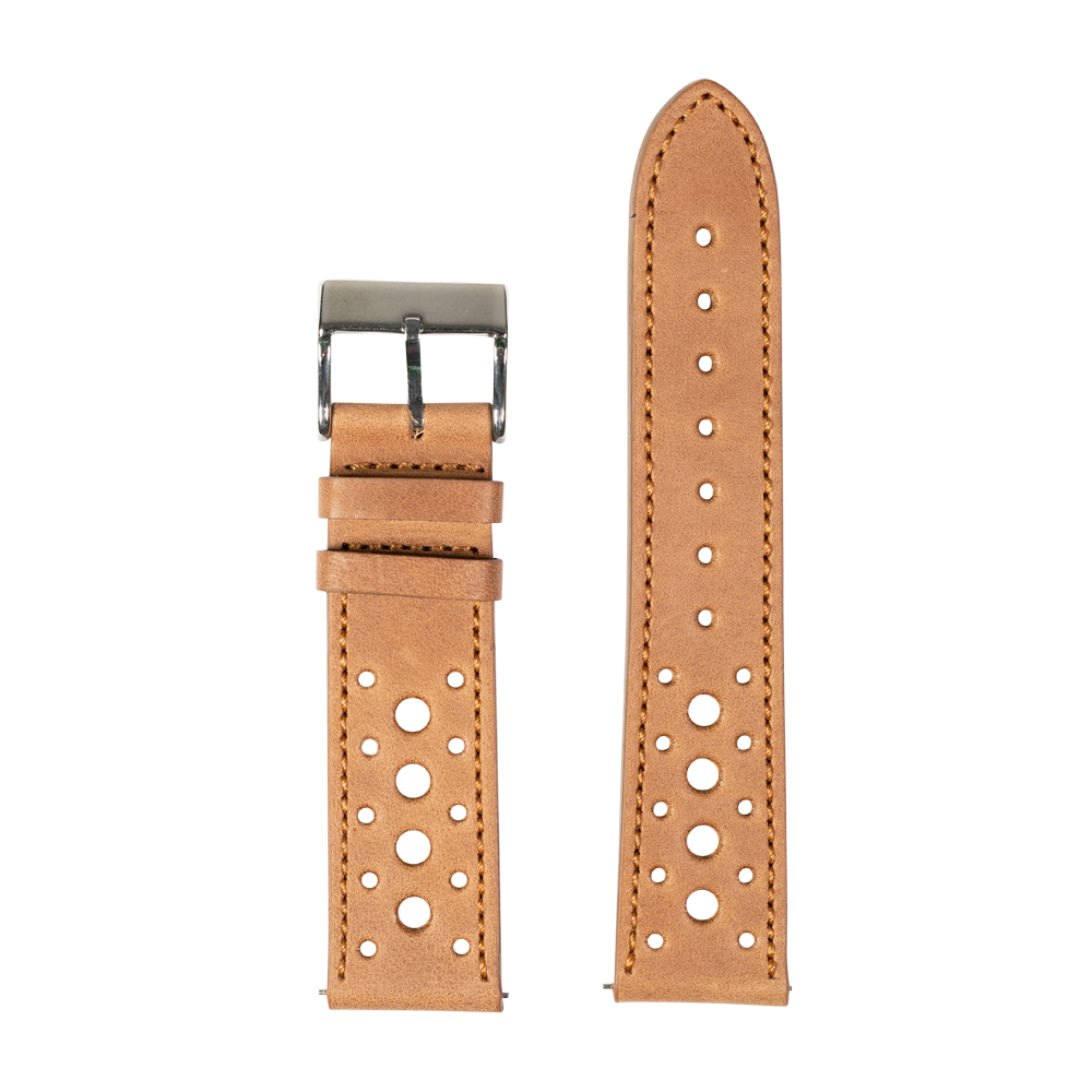 Tan leather quick release watch strap with perforated holes, metal buckle, and contrast stitching detail