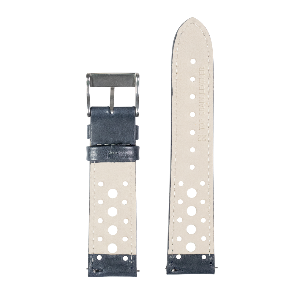 Navy blue and cream leather quick release watch strap with perforated racing design and silver buckle