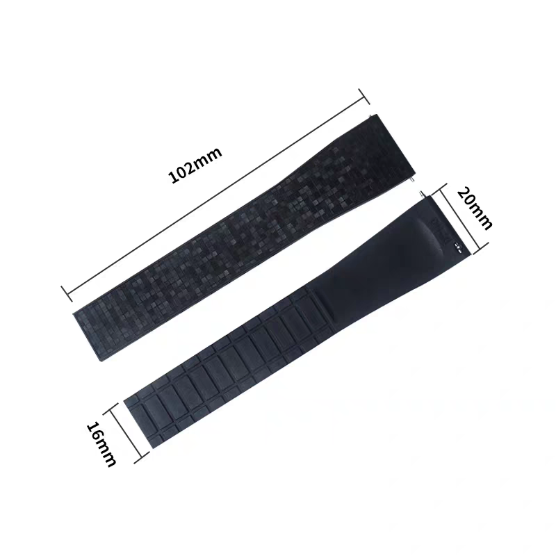 Black quick release rubber watch straps with leaf-spring deployant clasp, 16mm width, shown with measurement dimensions