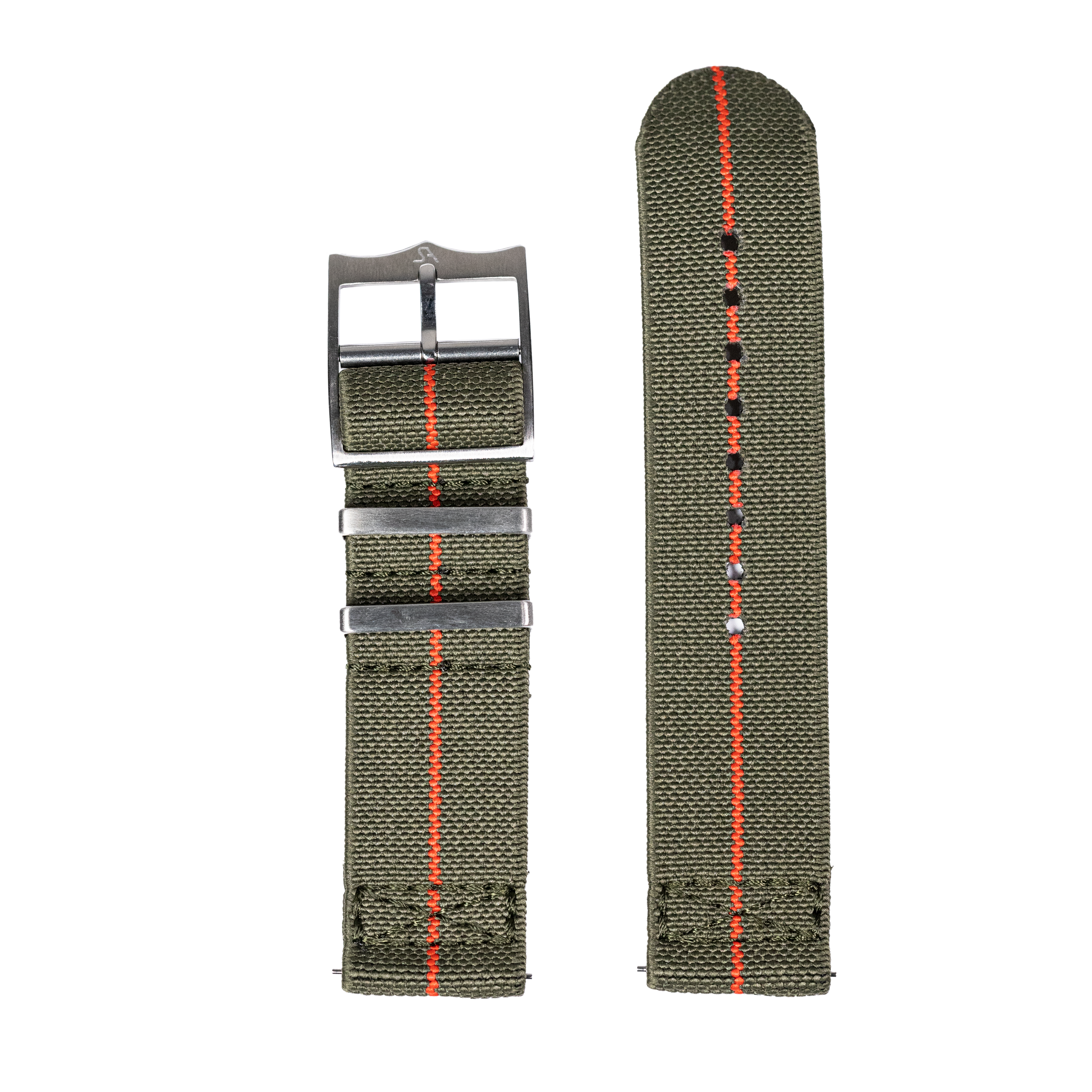 Olive green fabric watch band with red center stripe and stainless steel buckle, 20mm quick-fit strap