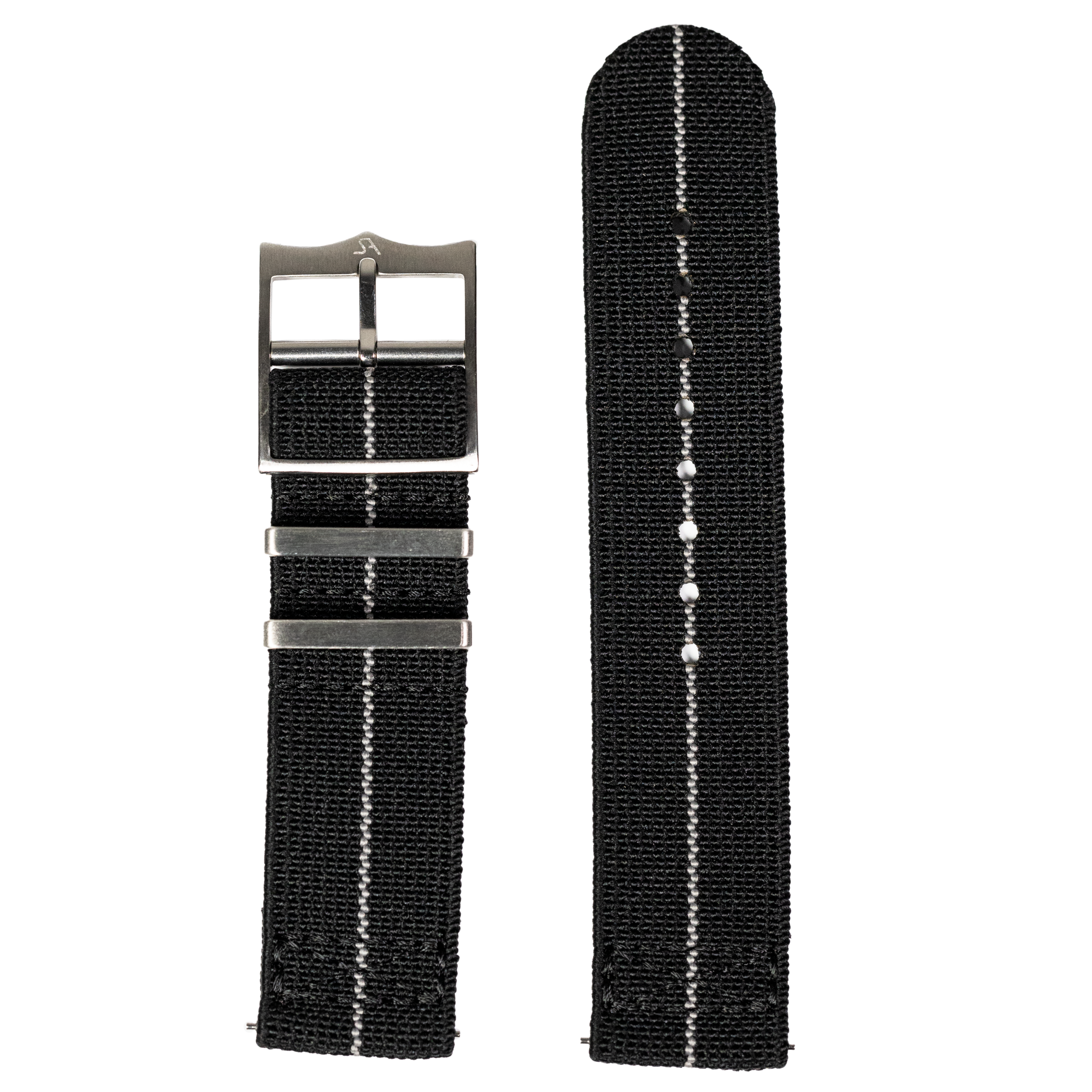 Black nylon watch band with white stitching and quick-fit metal buckle, 26mm width