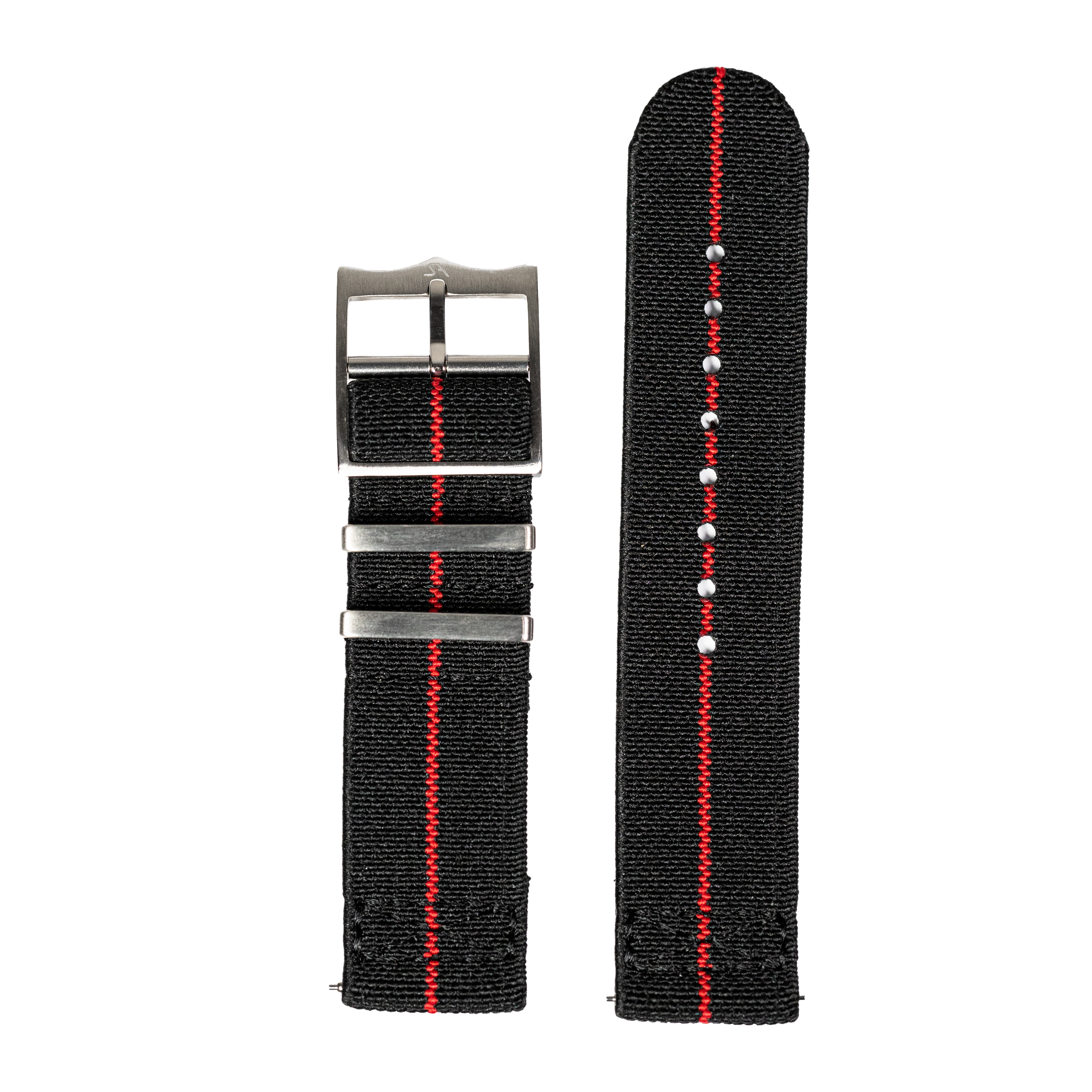 Black and red elastic fabric watch strap with quick-fit bars and silver buckle, 26mm width
