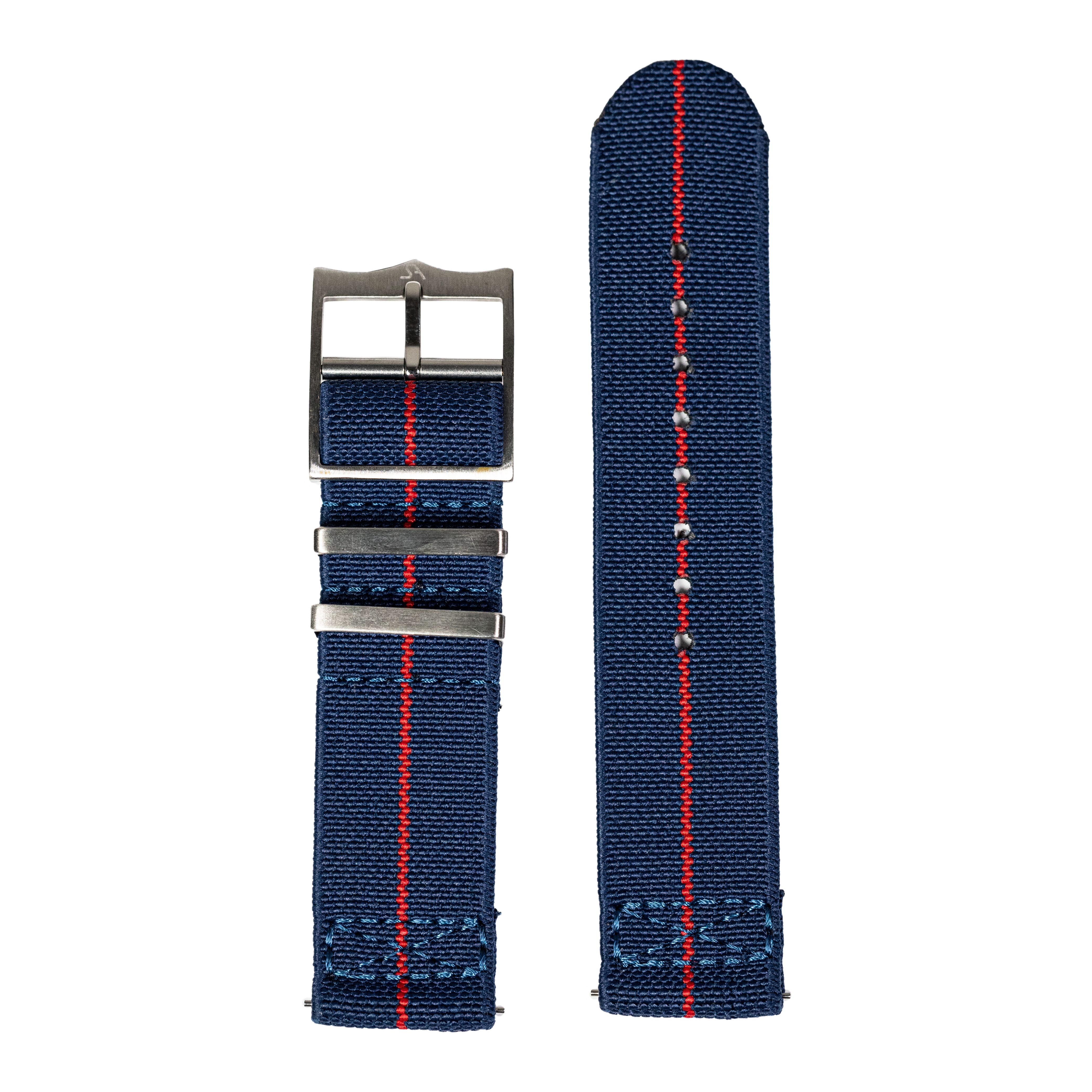 Navy blue fabric watch strap with red center stripe and gunmetal buckle, shown with and without buckle attached