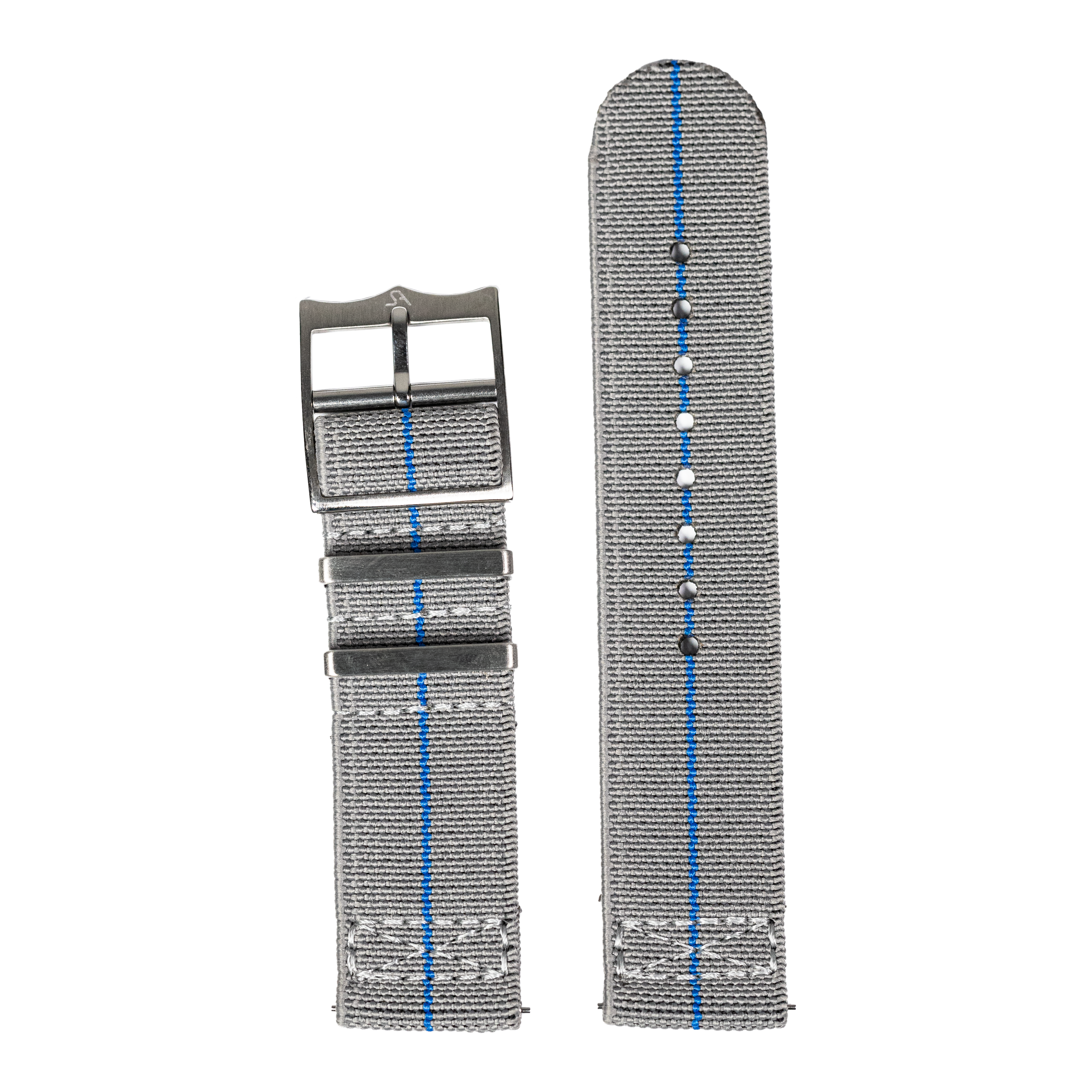 Grey and blue elastic fabric watch band with quick-fit system, gunmetal buckle, 22mm width, shown in two strap lengths