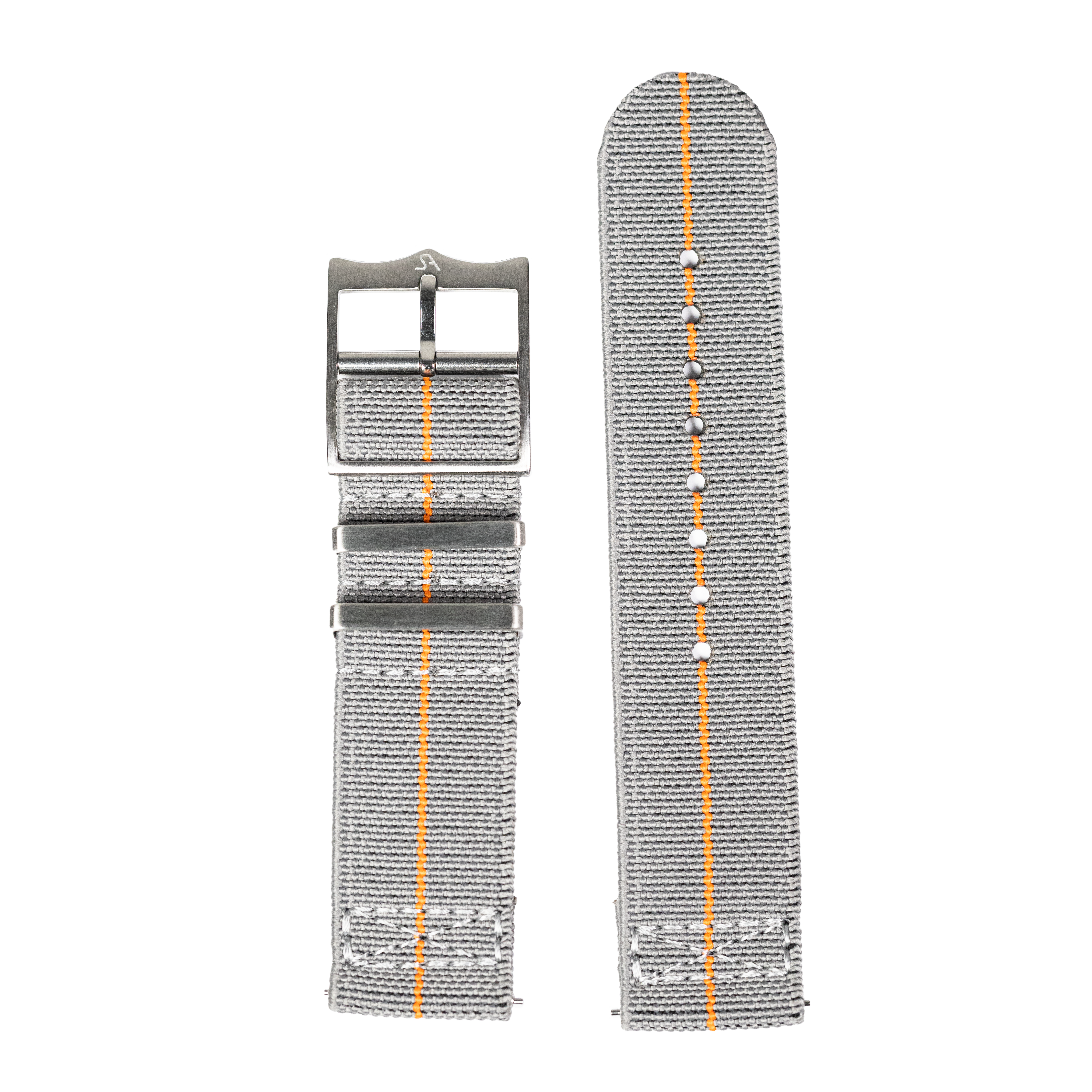Grey fabric watch strap with orange racing stripe and quick-release spring bar, 22mm width with metal buckle