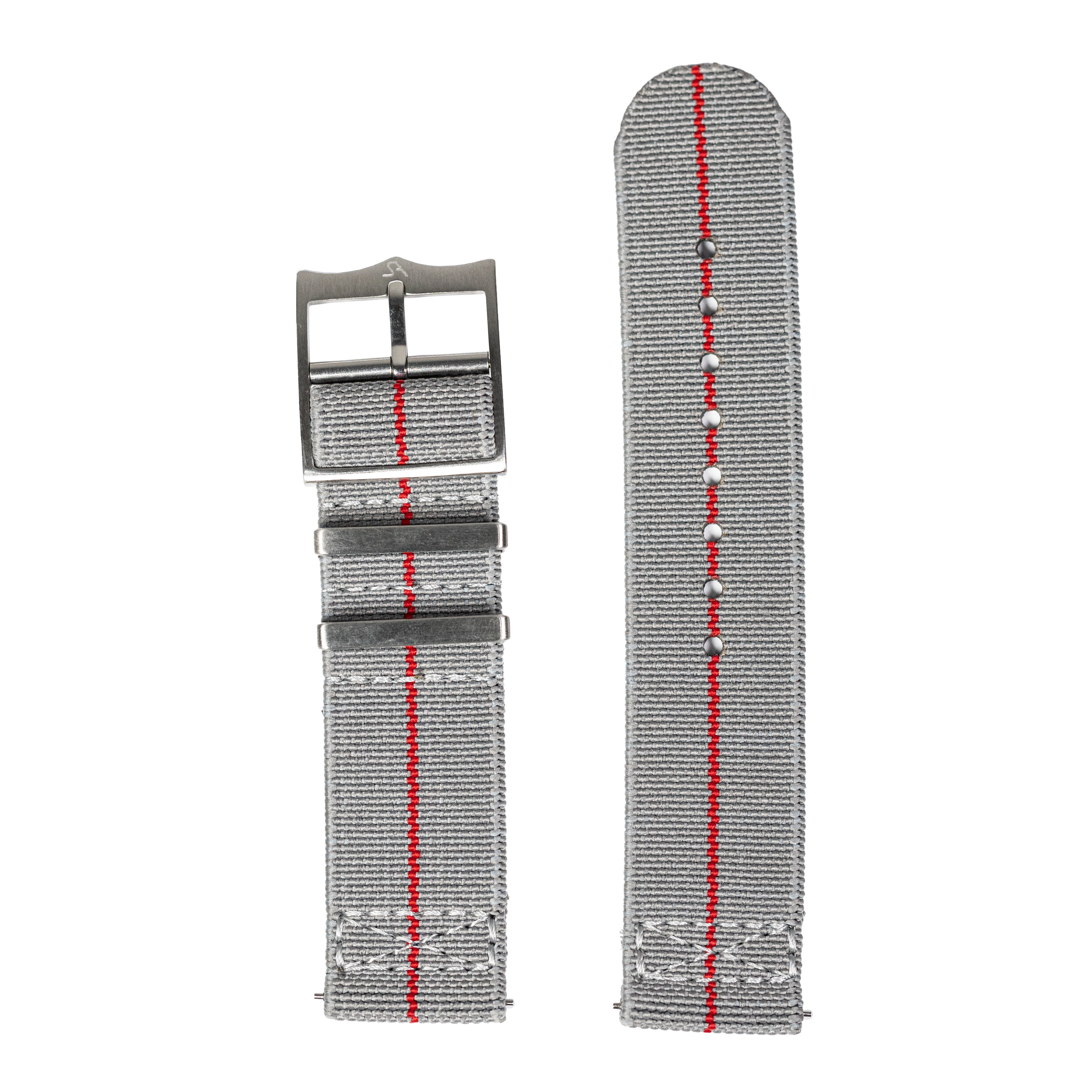 QuickFit ElastoFlex grey and red 22mm watch strap with metal buckle and two deployment options shown
