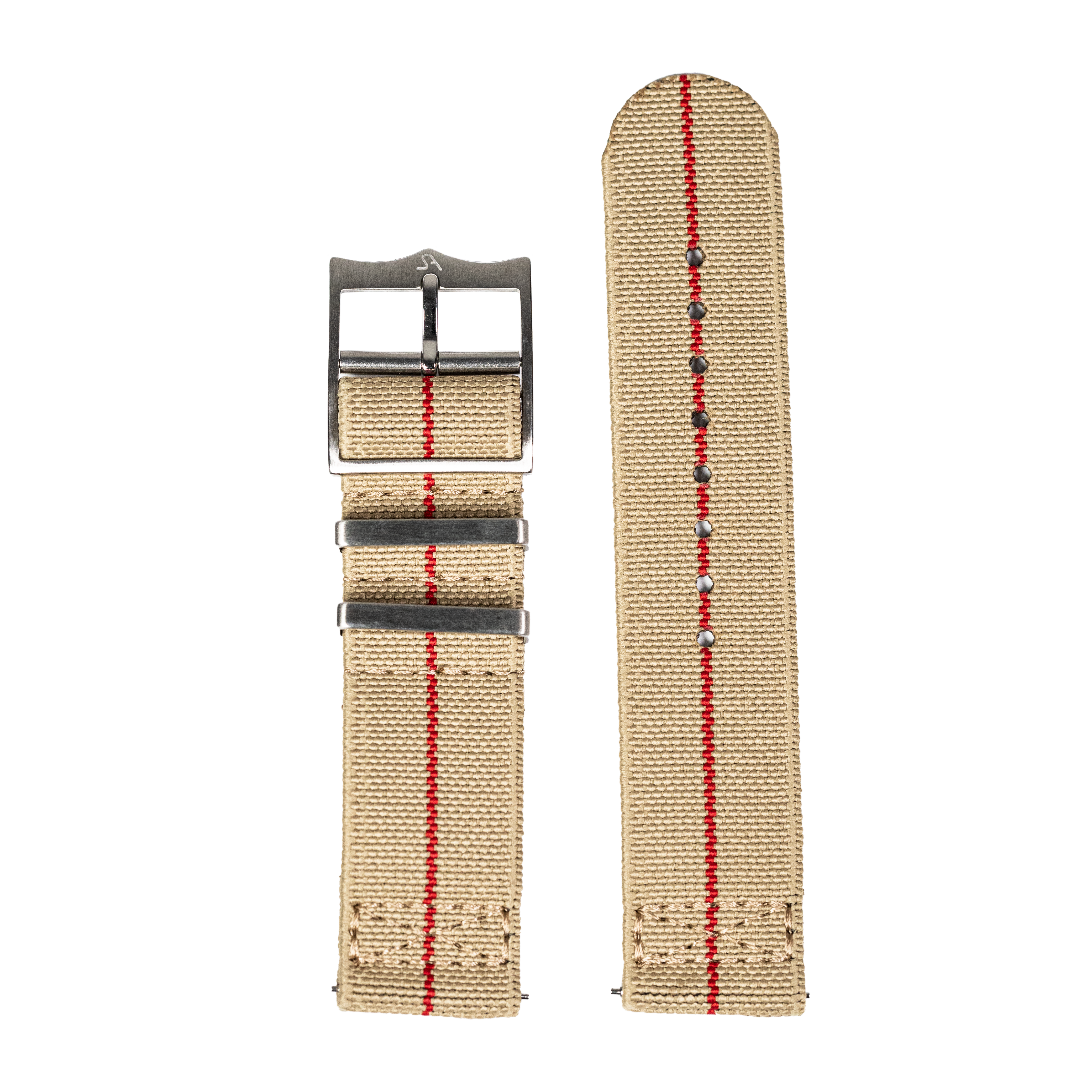 Beige canvas watch strap with red stripe and gunmetal buckle, shown assembled and unattached, 22mm QuickFit ElastoFlex