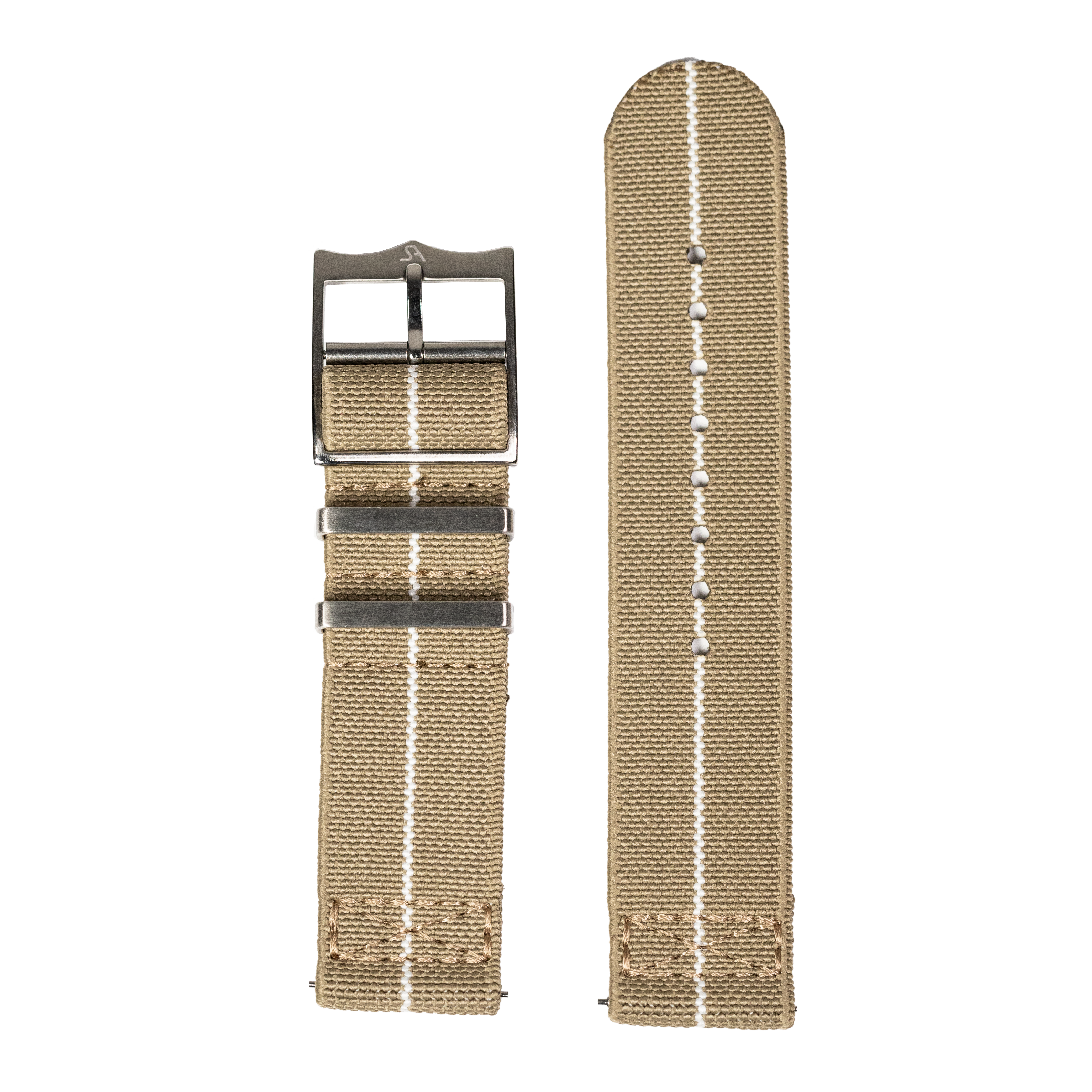 Beige elastic fabric watch strap with white stitching and gunmetal buckle, 22mm QuickFit ElastoFlex band shown folded and unfolded